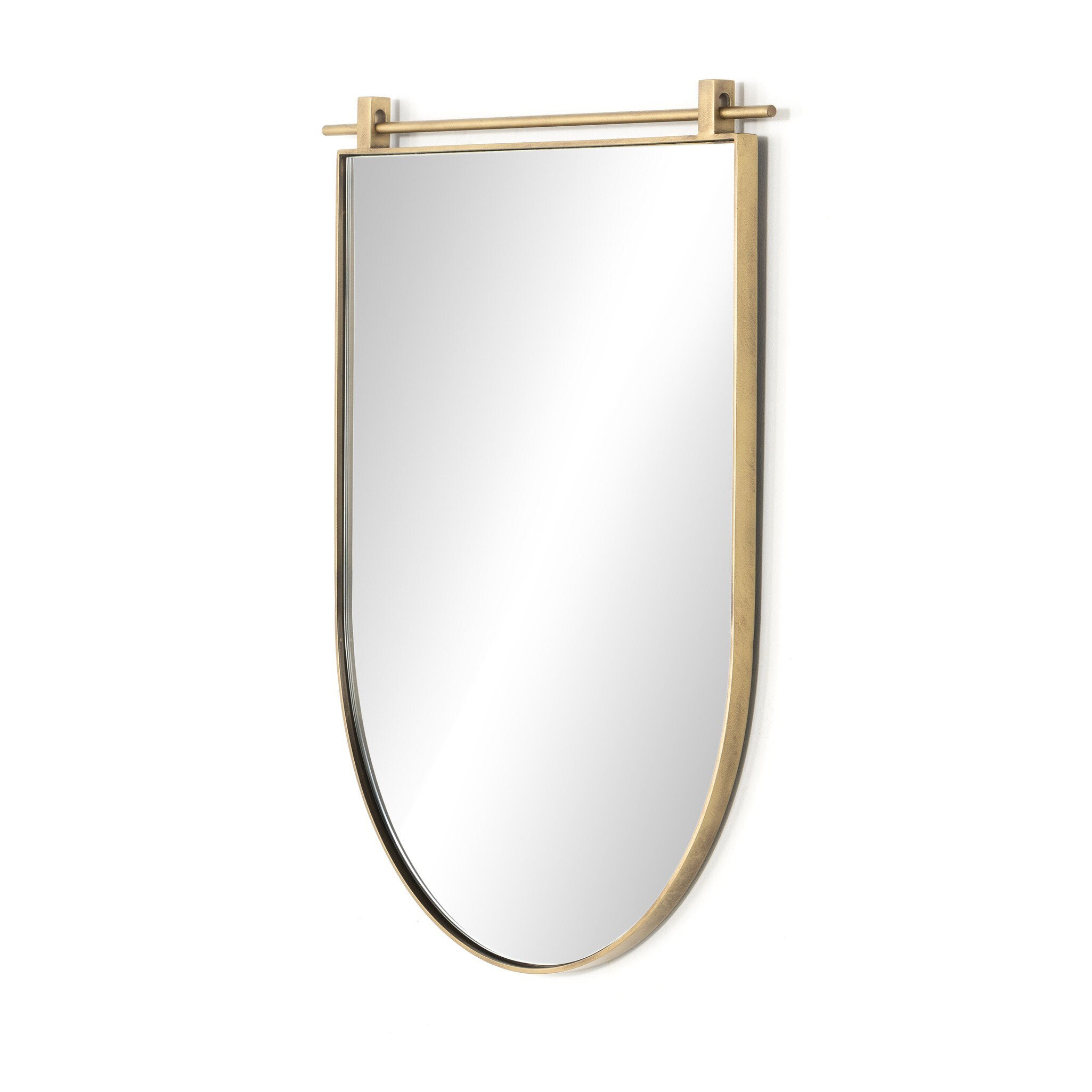 Angeld Chico small arch wall mirror with a vertical antiqued brass suspension bar