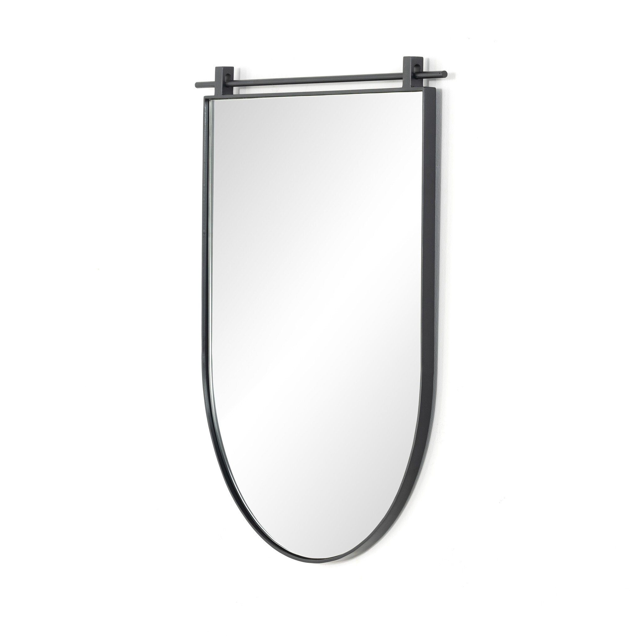 Angled Chico small arch wall mirror with a vertical antiqued iron suspension bar