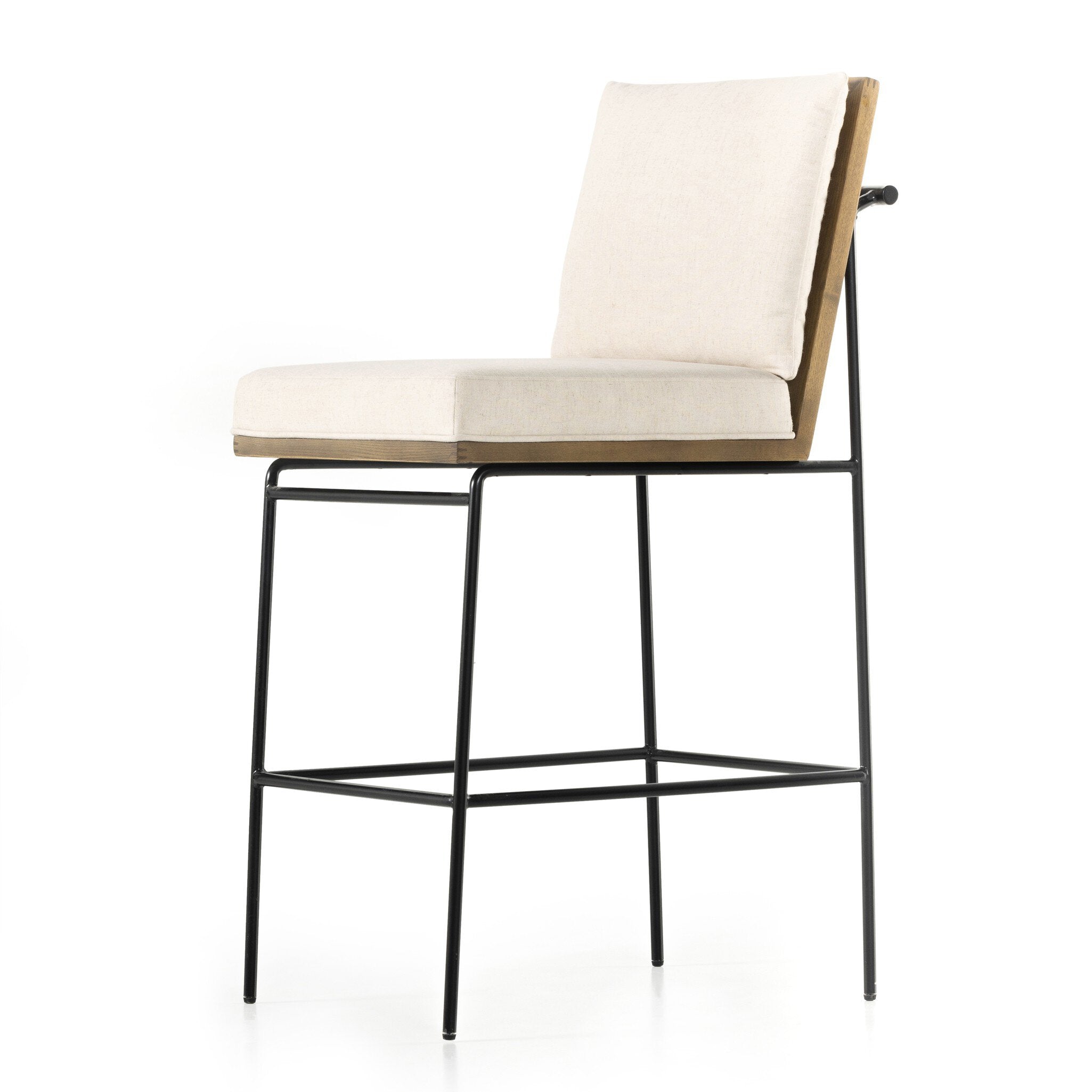 Bar stool with light cushion, black metal base, wood back and side arms
