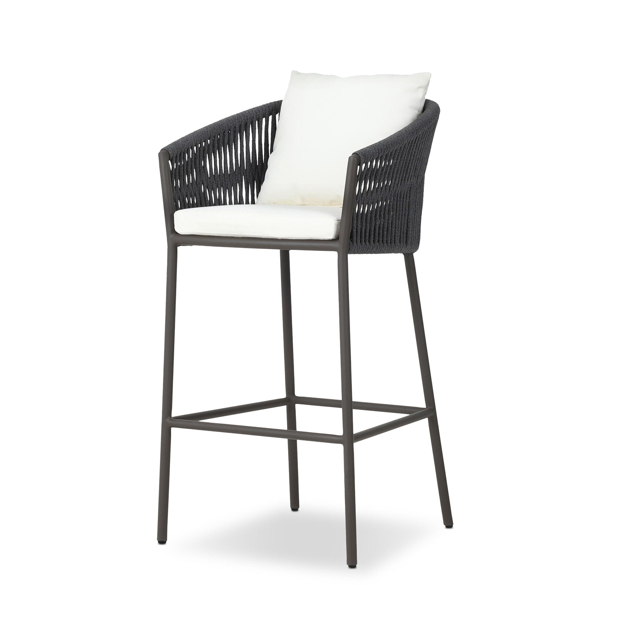 Angled Contemporary coastal outdoor counter stool featuring handwoven grey rope and architectural metal base