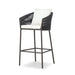 Angled Contemporary coastal outdoor counter stool featuring handwoven grey rope and architectural metal base