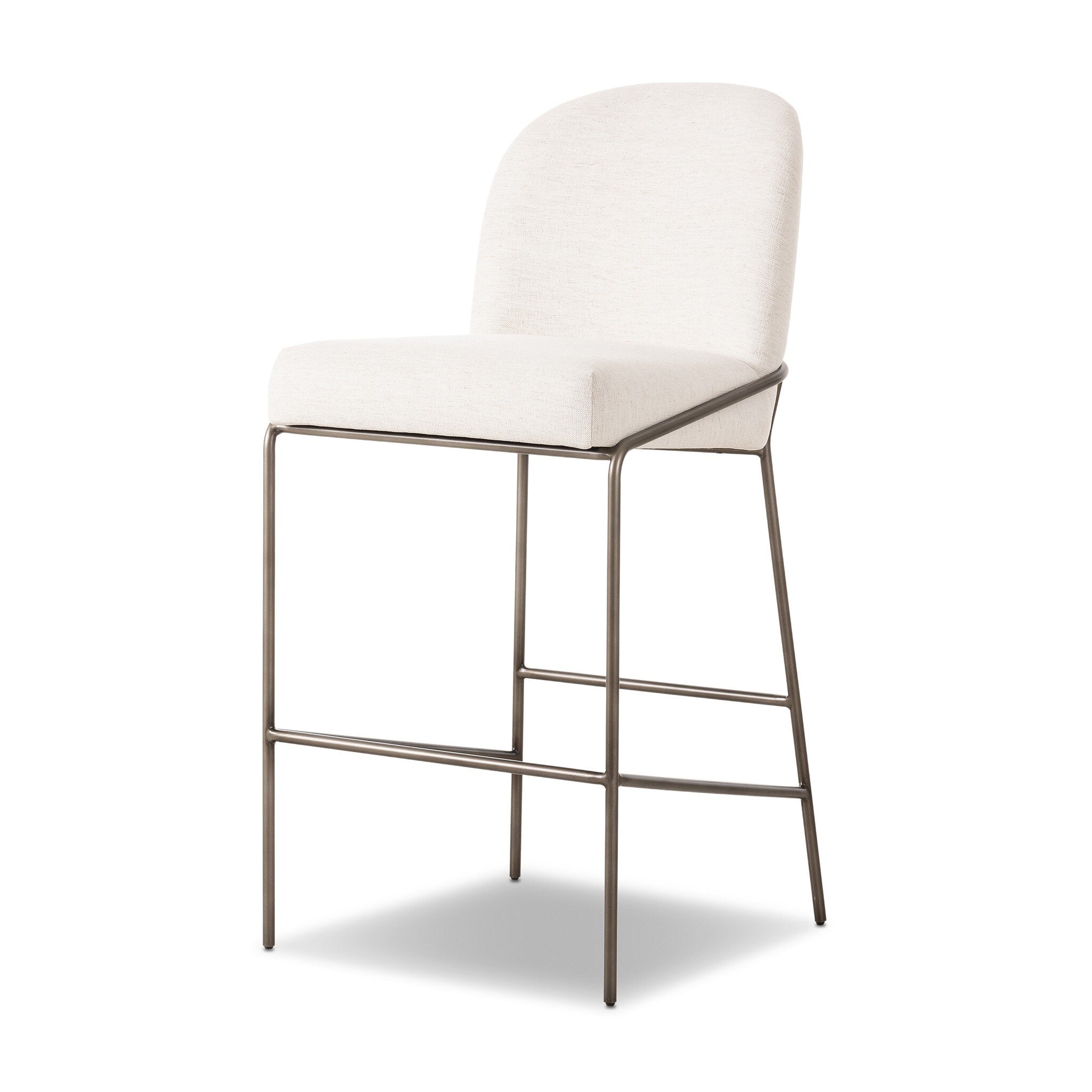 Light upholstered bar stool from side angle; tall backrest, padded seat, and metal base frame