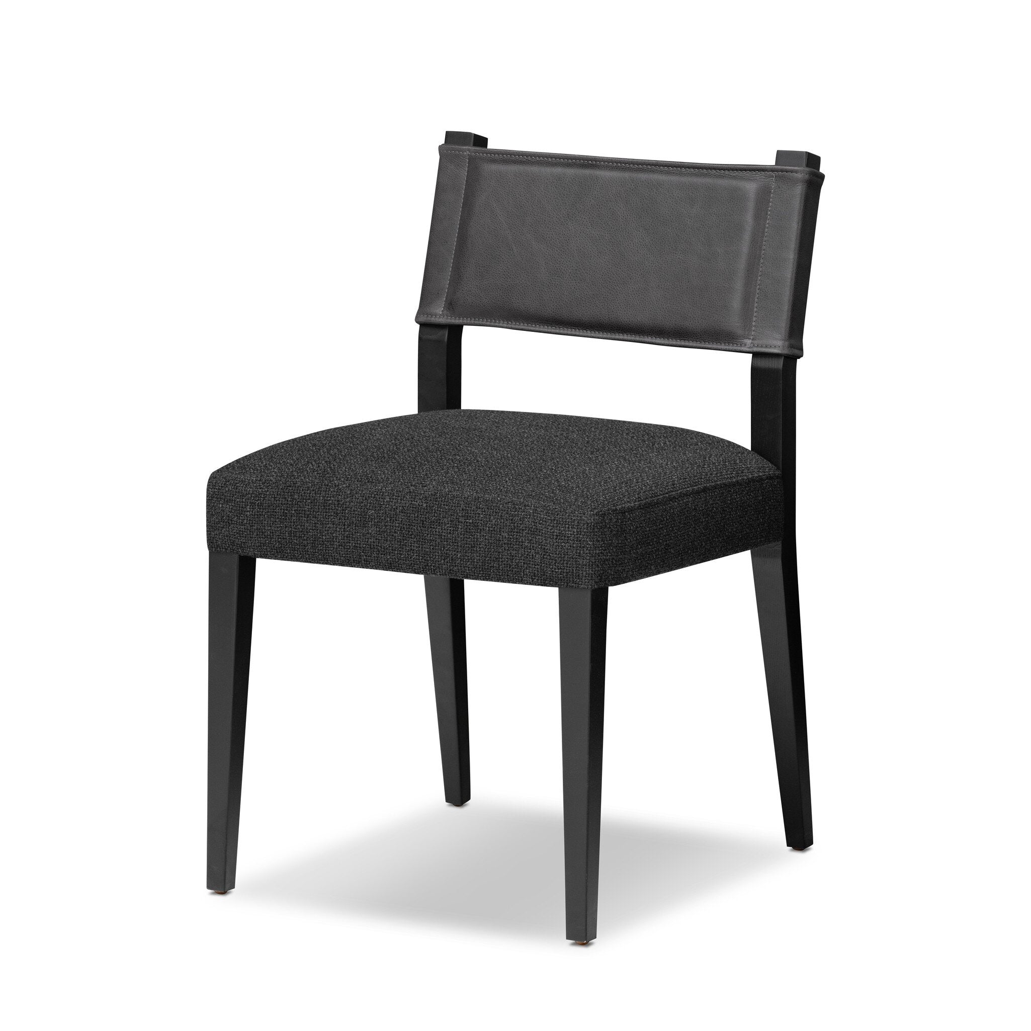 Armless dining chair with gray upholstered seat and dark fabric back, angled view