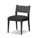 Armless dining chair with gray upholstered seat and dark fabric back, angled view