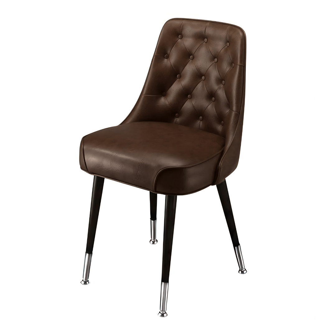 Angled Fudge Brighton Club Chair bucket seat in black vinyl with polished chrome leg detailing for modern dining