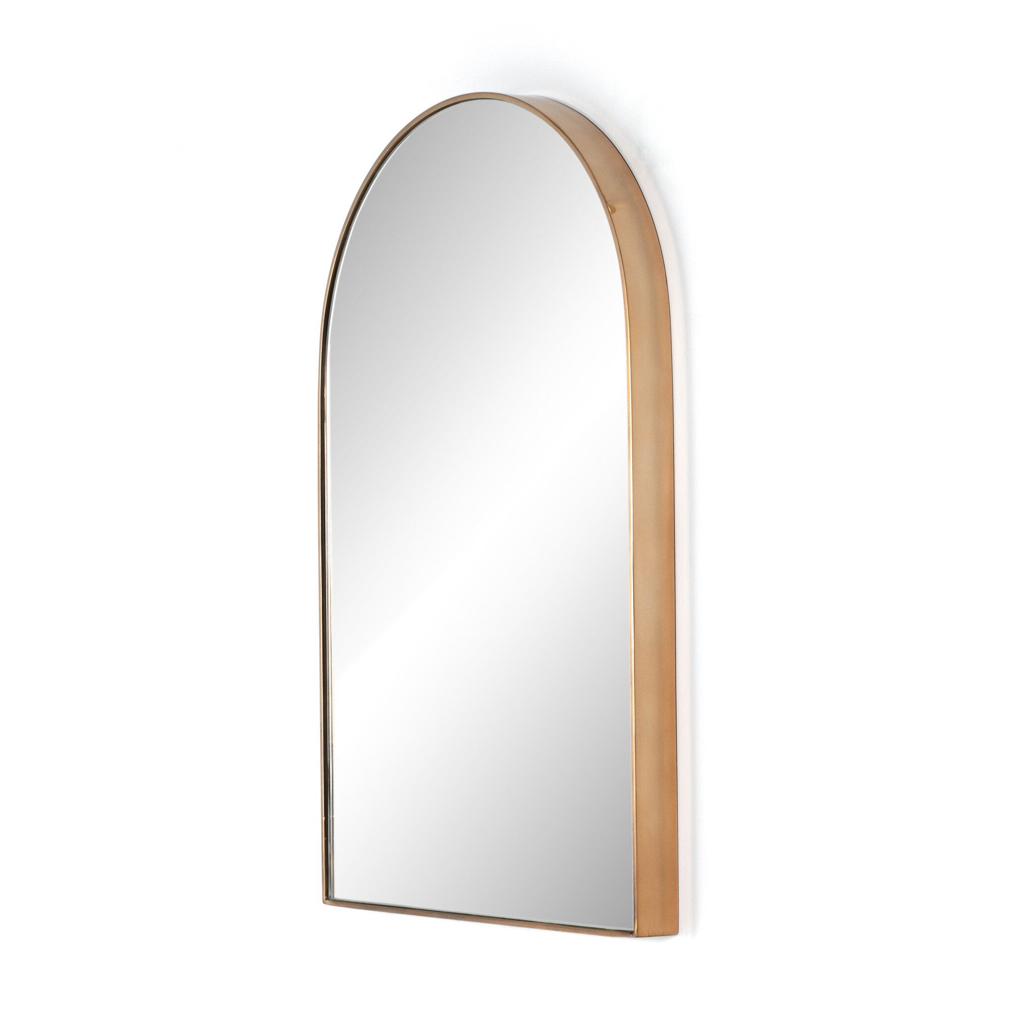 Angled Georgina 21-inch arched wall mirror with a slender polished brass-finished aluminum frame