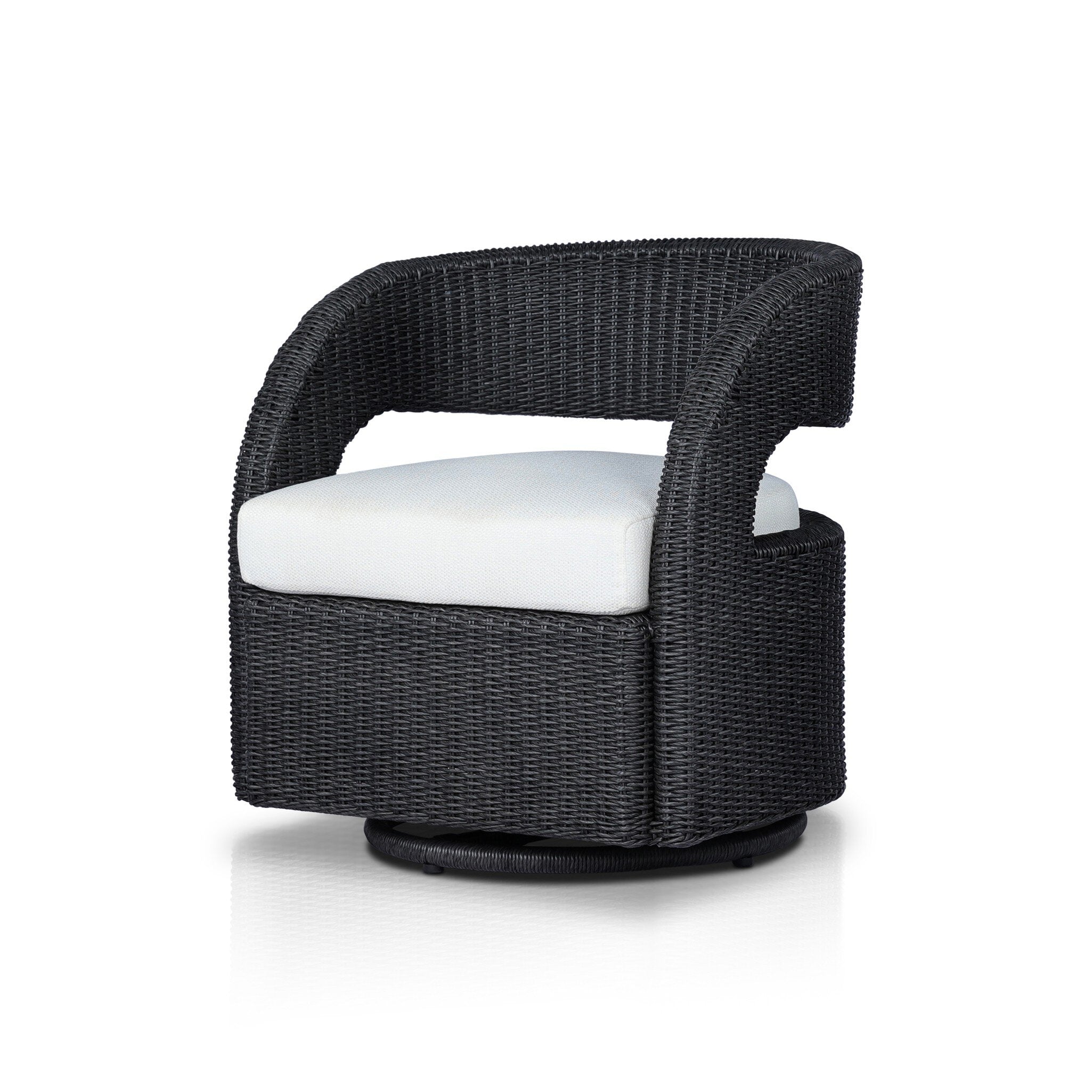 Angled Hawkins Outdoor Swivel Chair in Faye Cream with a woven barrel-back and 360-degree base