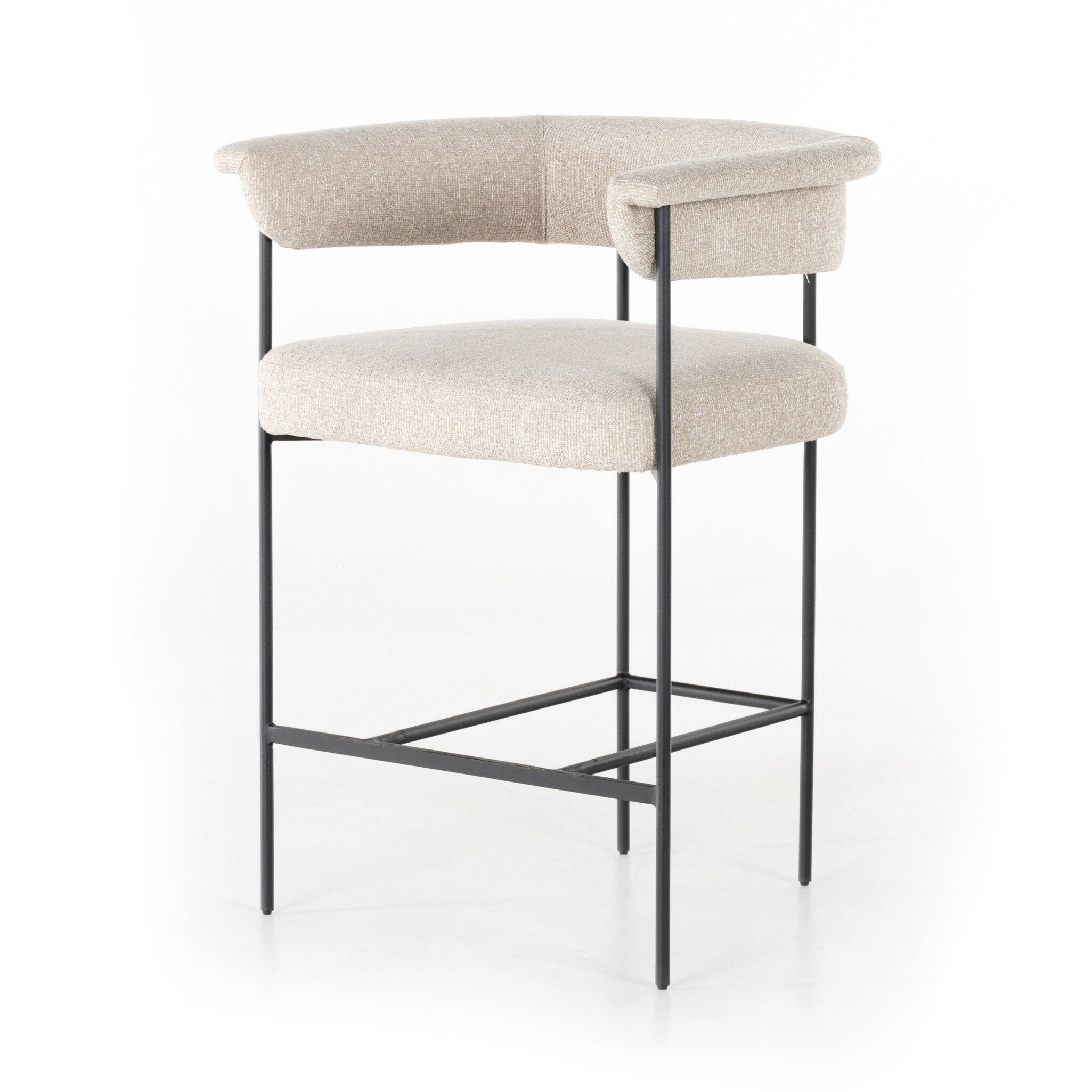 Upholstered counter stool with light camel fabric back and seat; black metal base