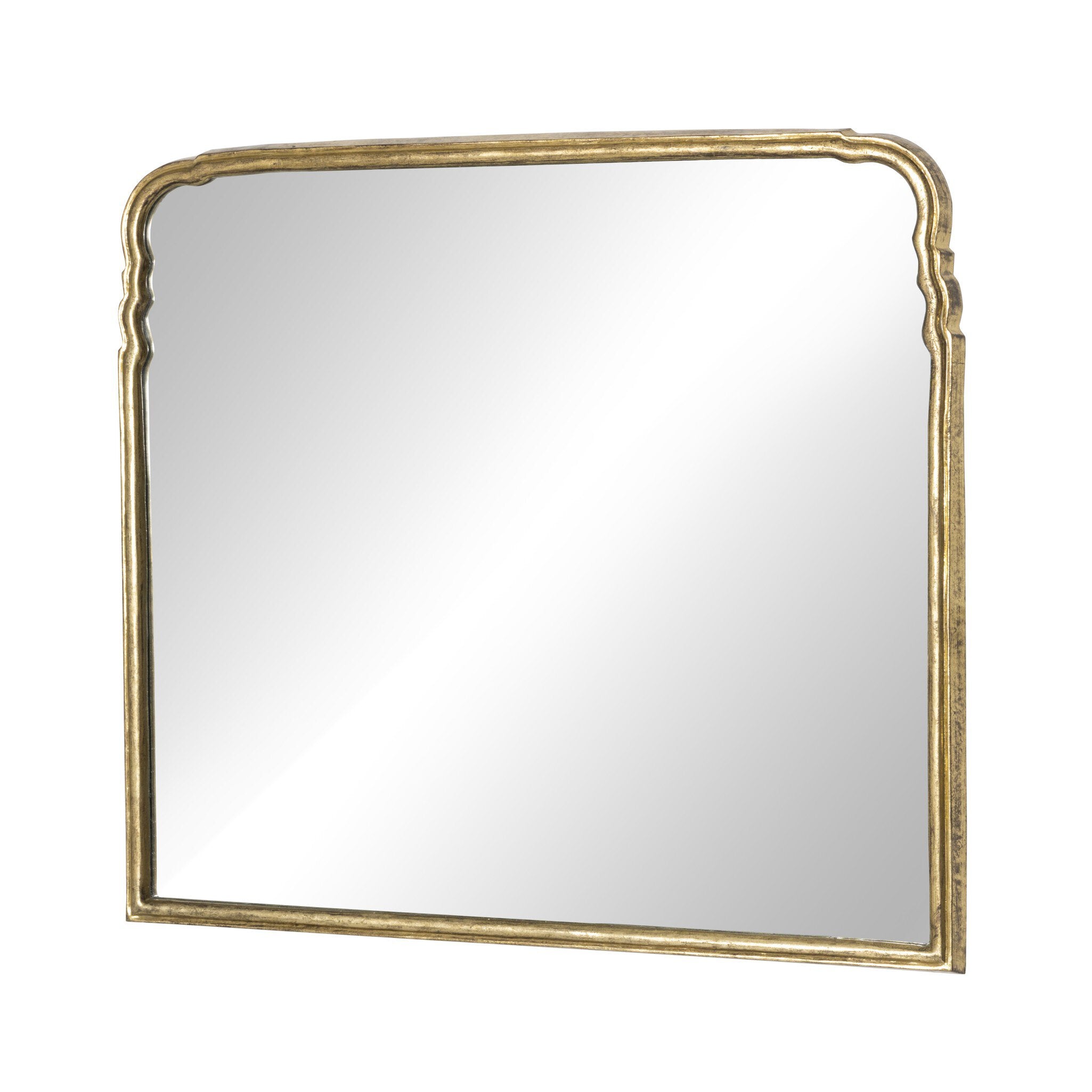 Angled Loire mantel mirror with an arched silhouette and hand-applied antiqued gold leaf aluminum frame