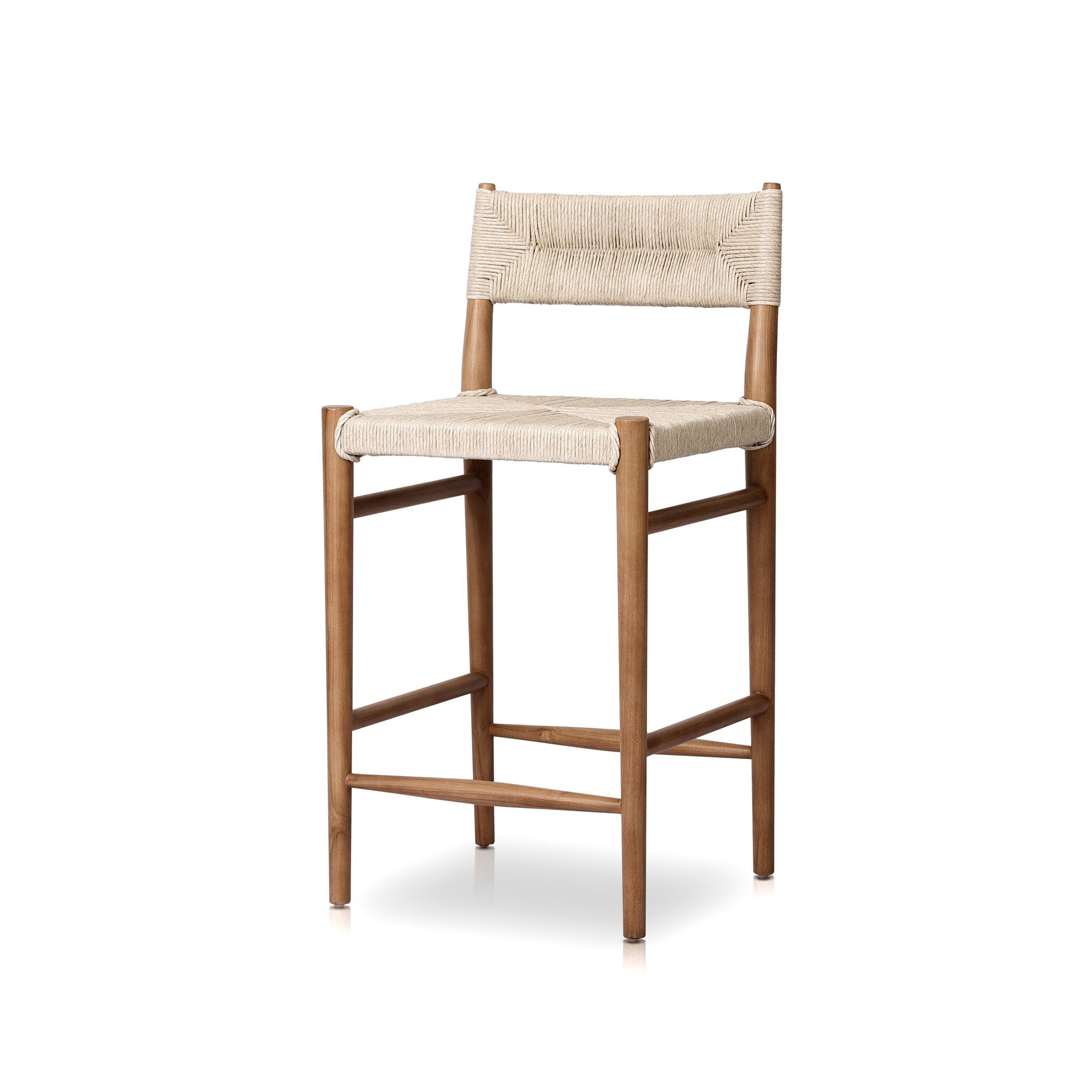 Outdoor bar counter stool, vintage white cushioned seat with woven back and wood frame