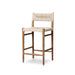 Outdoor bar counter stool, vintage white cushioned seat with woven back and wood frame