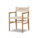 Angled Lomas Outdoor Dining Armchair in Vintage White woven wicker with a tapered natural teak frame