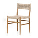 Angled Lomas Outdoor Dining Chair in Vintage White woven wicker with a tapered natural teak frame