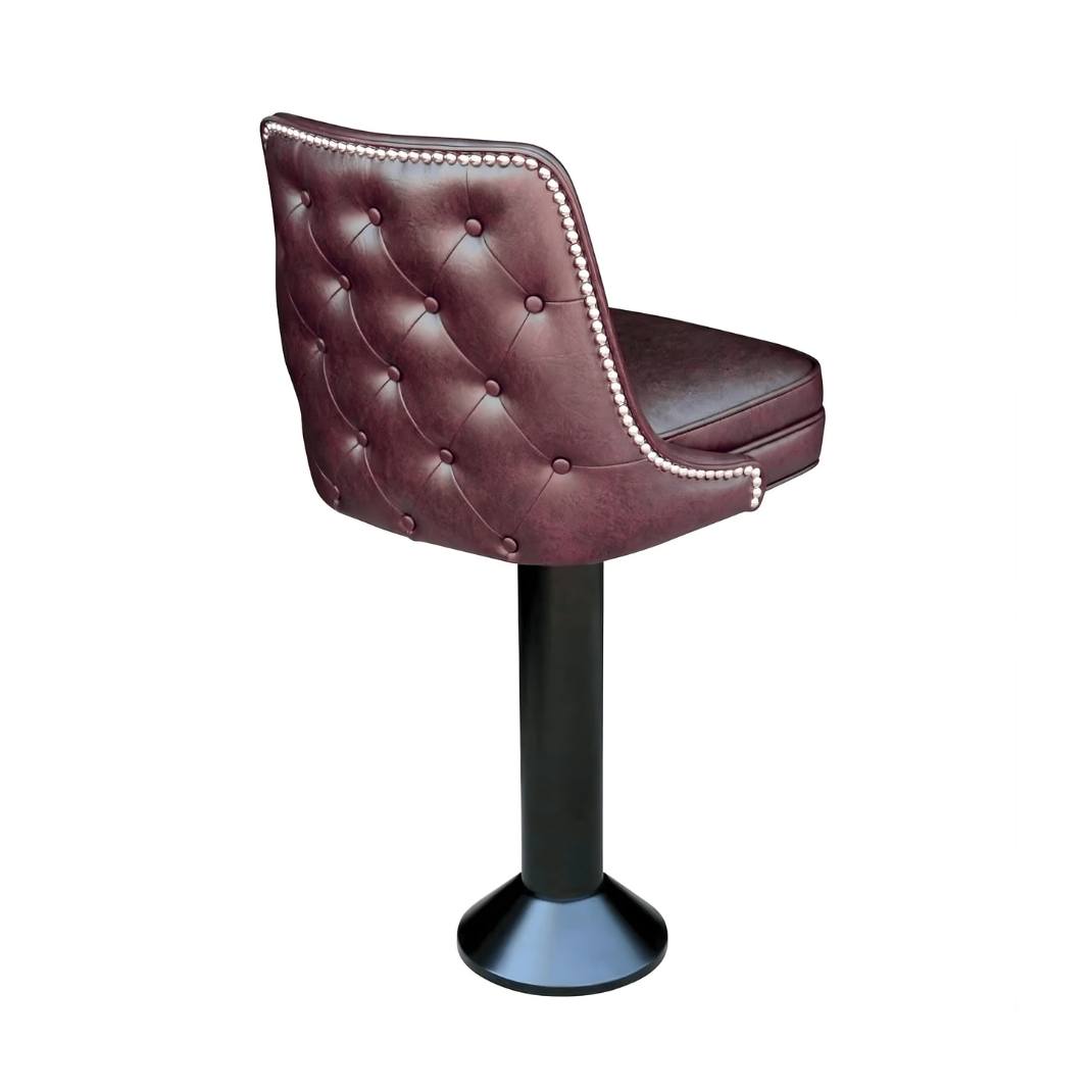 Angled Maroon Rouge Red Leather Black Base Marsley Bolted Stool by Social Design Supply Co: A commercial-grade floor-mounted bar stool with a contoured upholstered seat and high-durability finish for hospitality bars