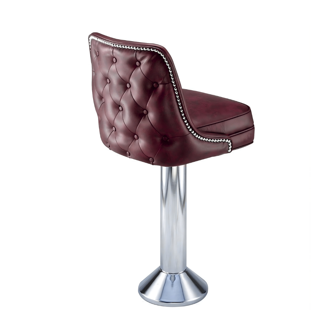 Angled Maroon Rouge Red Leather Chrome Base Marsley Bolted Stool by Social Design Supply Co: A commercial-grade floor-mounted bar stool with a contoured upholstered seat and high-durability finish for hospitality bars