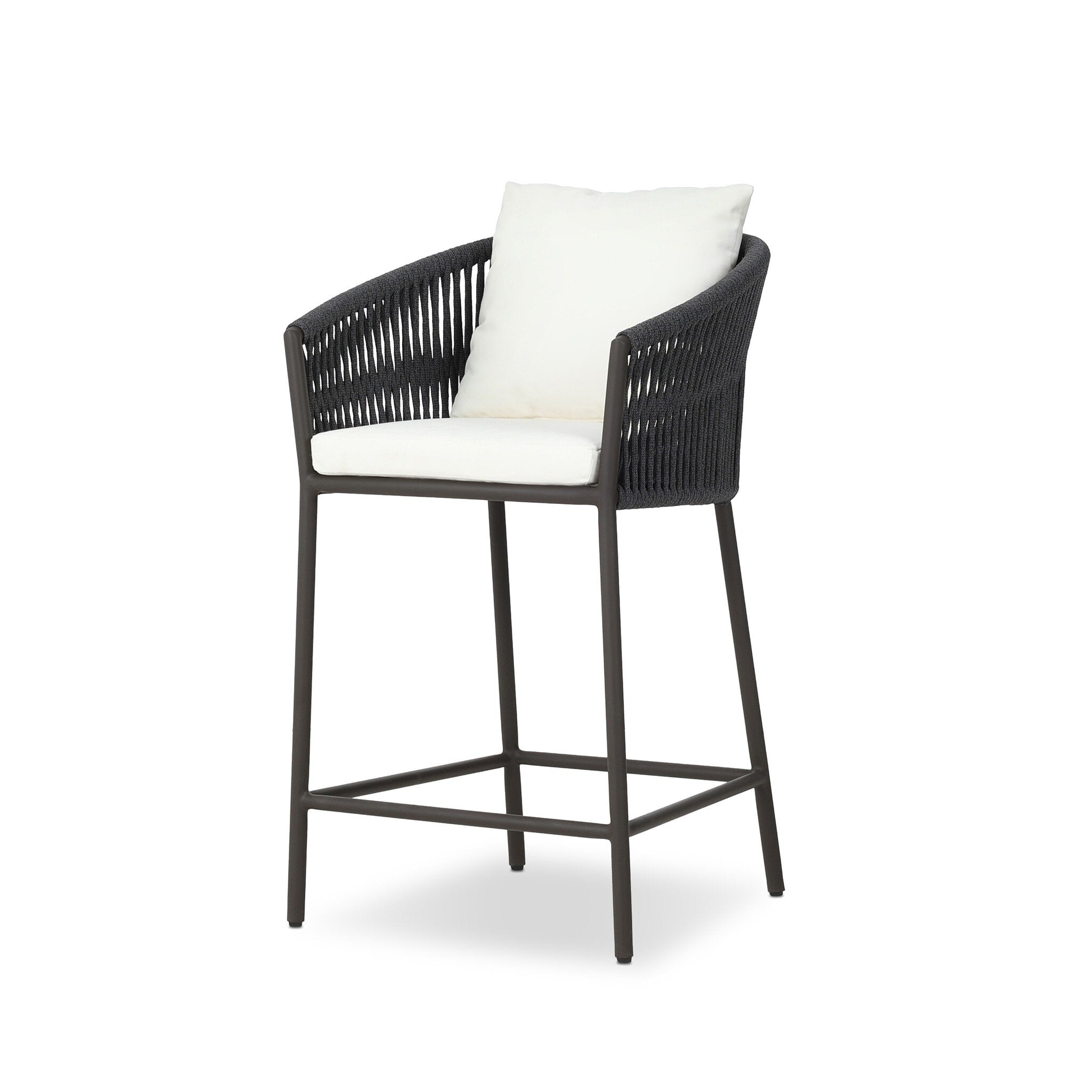 Angled Modern Porto Outdoor Counter Stool with Charcoal Aluminum Frame and Dark Grey Woven Rope Barrel Back