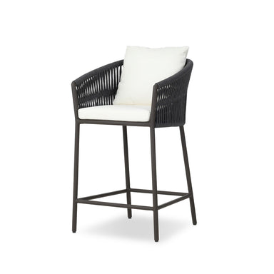 Angled Modern Porto Outdoor Counter Stool with Charcoal Aluminum Frame and Dark Grey Woven Rope Barrel Back