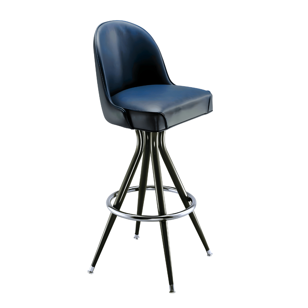 Angled Navy Blue Elise Bar Stool by Social Design Supply Co: A modern minimalist hospitality bar stool with soft upholstery and a clean silhouette for boutique and commercial restaurant interiors
