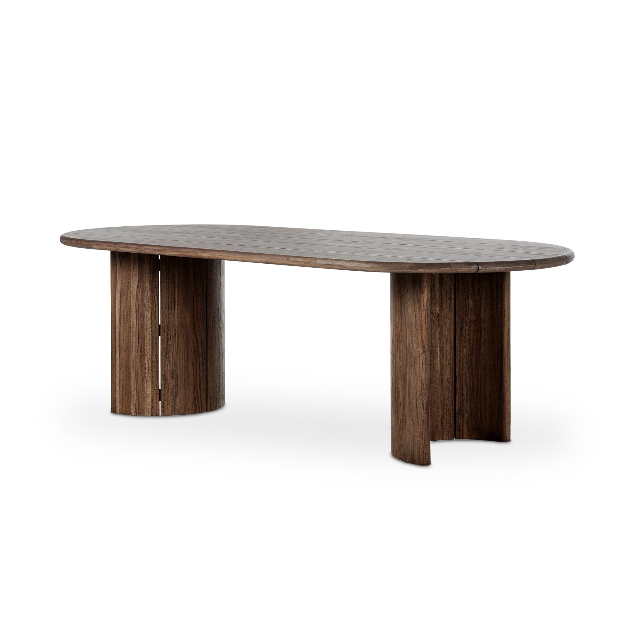 Angled Paden 94-inch Outdoor Dining Table in Toasted Brown FSC-certified teak with crescent legs
