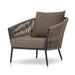 Angled Porto Outdoor Chair with a natural teak frame and weather-resistant brown rope-weave backrest