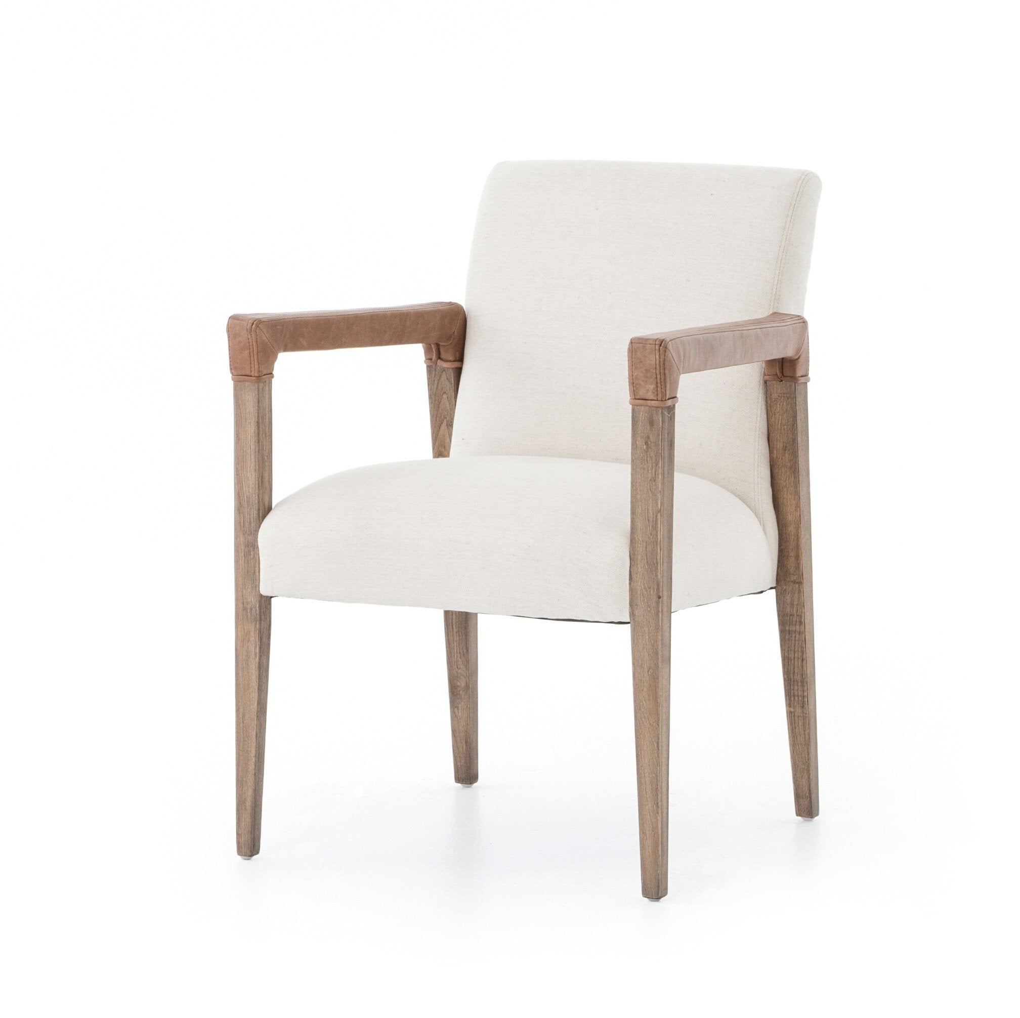 Angled Reuben Dining Chair with oak frame, leather-wrapped arms, and natural linen seat