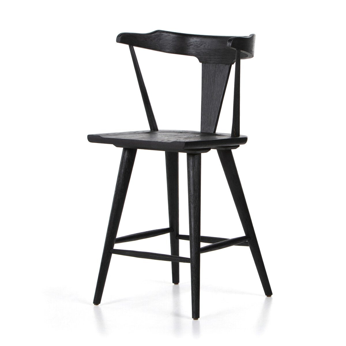 Black oak counter stool with contoured back, round-edged seat, and tapered legs
