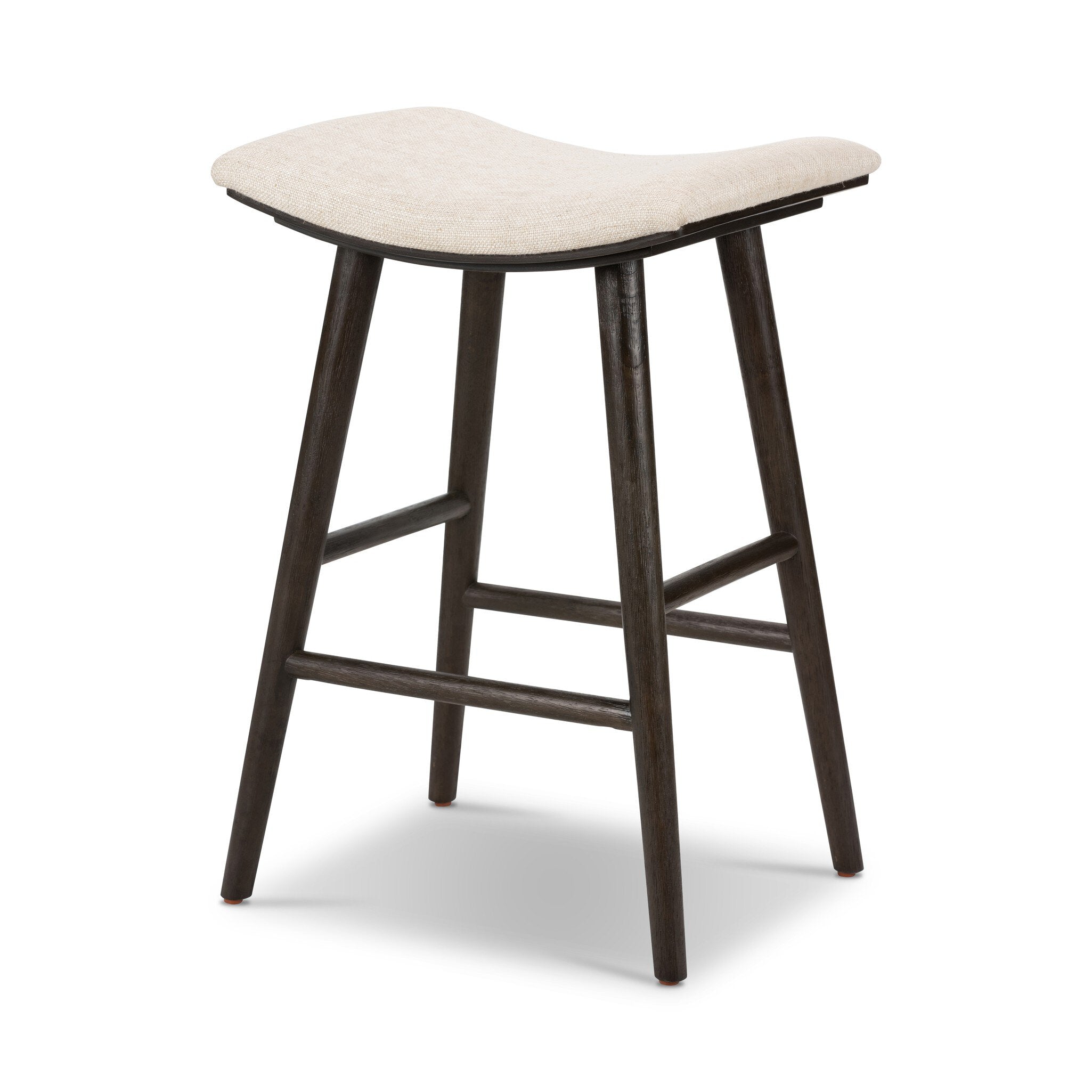 Natural linen counter stool with curved cushioned seat and dark wood crossbars