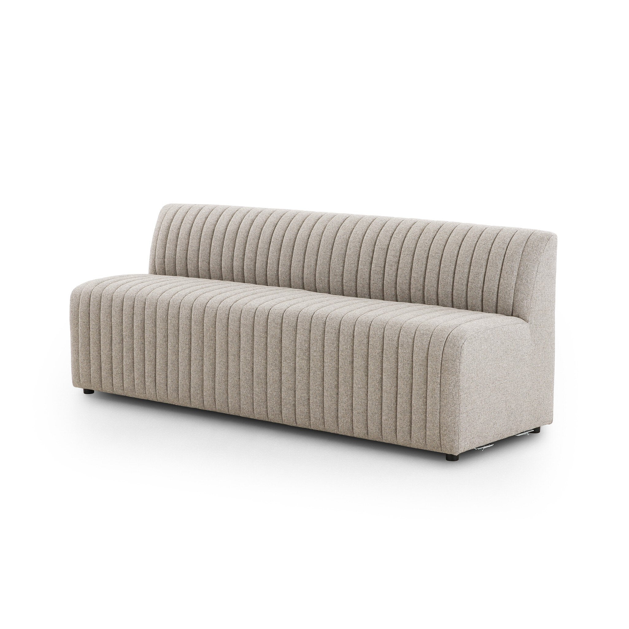 Angled primary Center Custom Augustine dining banquette in Orly Natural neutral performance fabric with high-back tufted detailing and wood base.