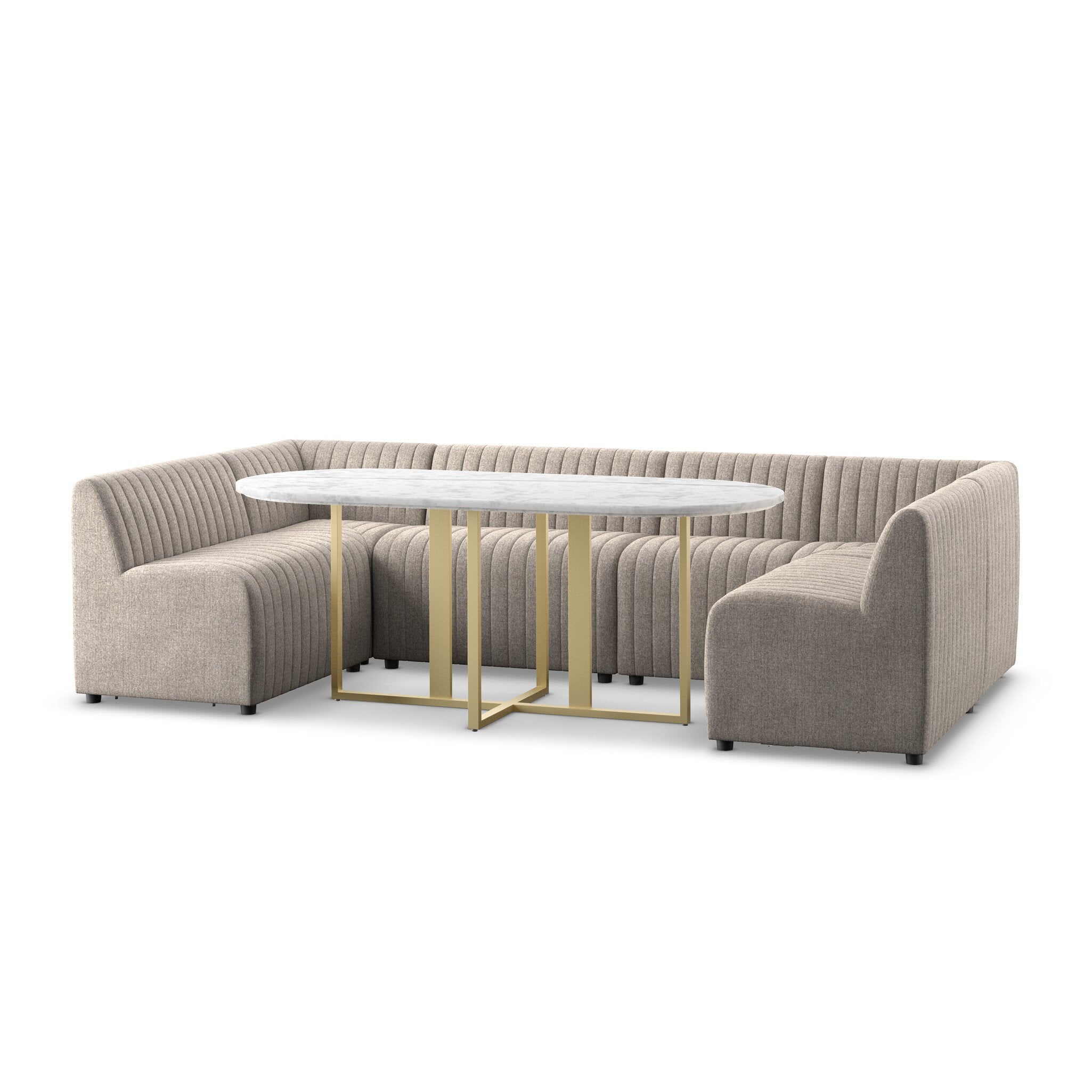 Angled with table Augustine 119.5-inch U-shape Dining Banquette by Four Hands in grey herringbone performance fabric with dramatic vertical channel tufting
