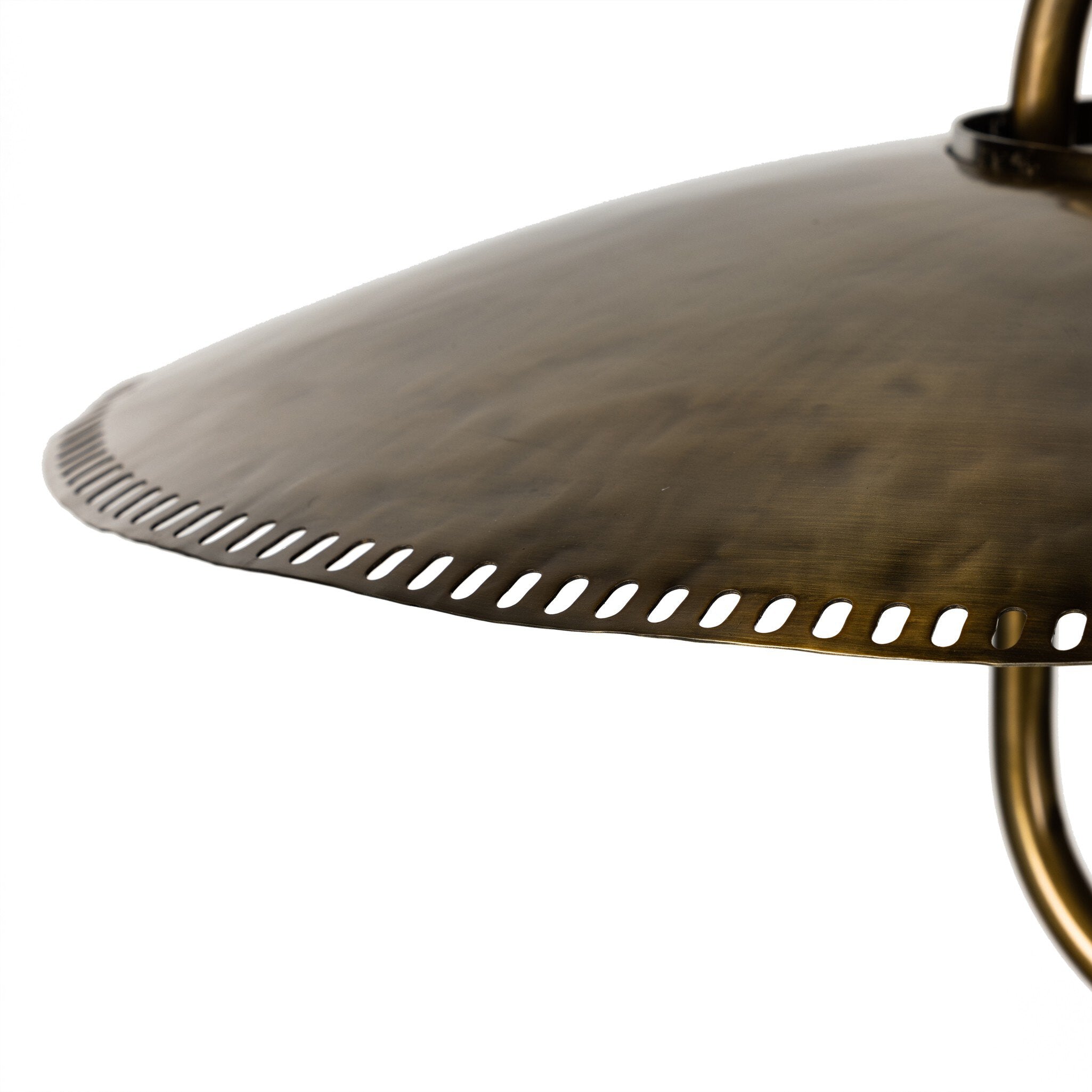 Arely 30-inch industrial pendant light in dark antique brass with perforated dome close-up detail