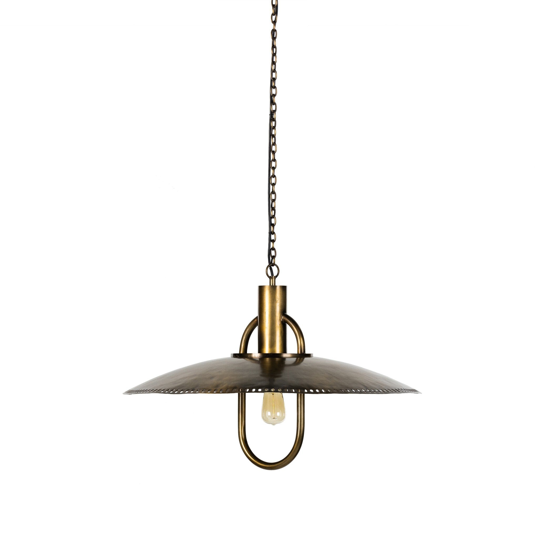 Arely 30-inch industrial pendant light in dark antique brass with perforated dome on white background