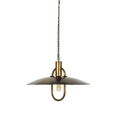Arely 30-inch industrial pendant light in dark antique brass with perforated dome on white background