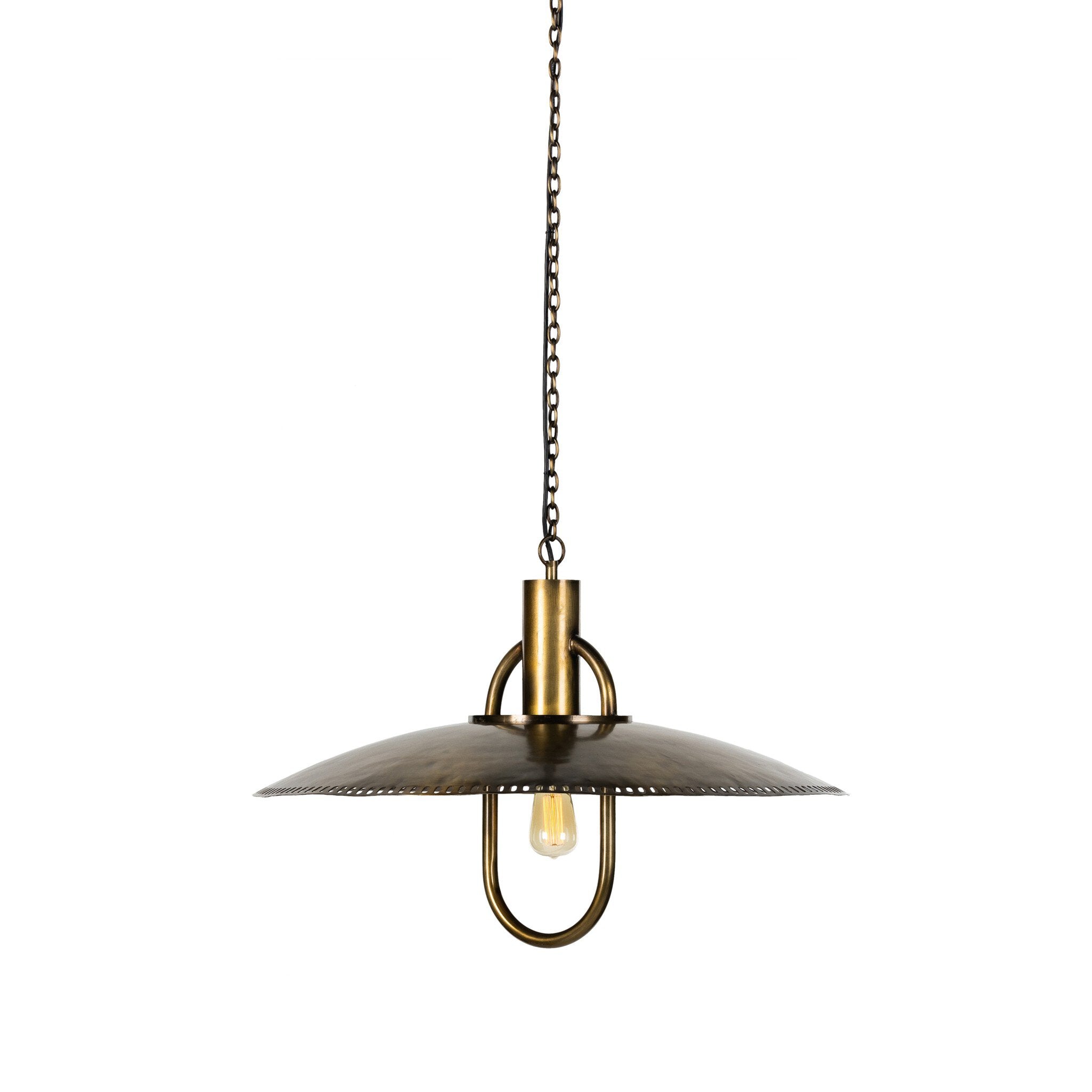 Arely 30-inch industrial pendant light in dark antique brass with perforated dome showing glowing bulb and main detail  
