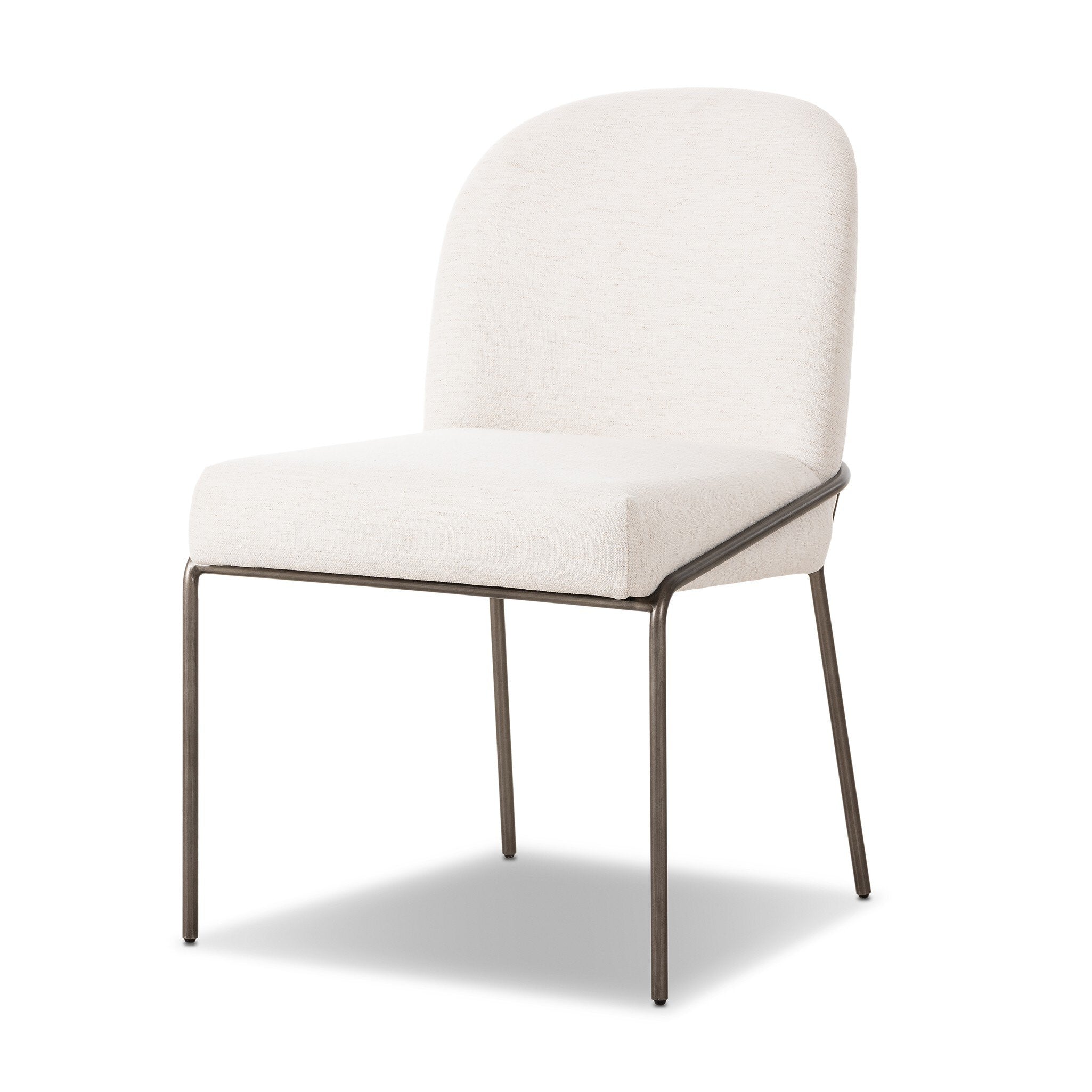 Astrud Dining Chair in Crypton Nomad Snow with scalloped back and brushed slate iron frame side view
