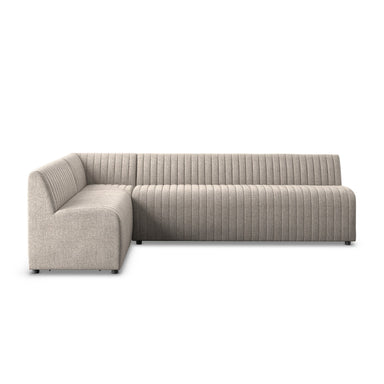 Augustine 110-inch L-shape Dining Banquette in grey herringbone performance fabric with dramatic vertical channeling