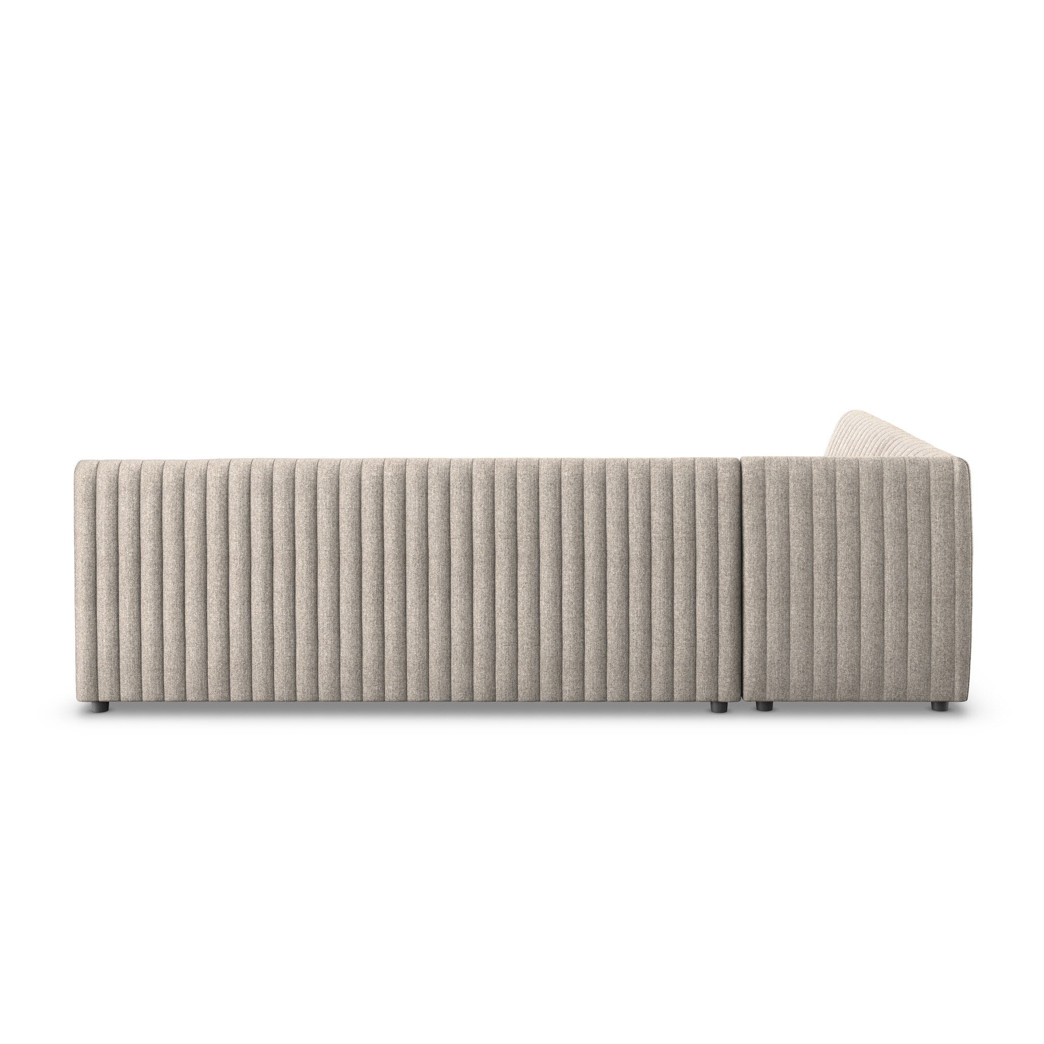 Back Augustine 110-inch L-shape Dining Banquette in grey herringbone performance fabric with dramatic vertical channeling