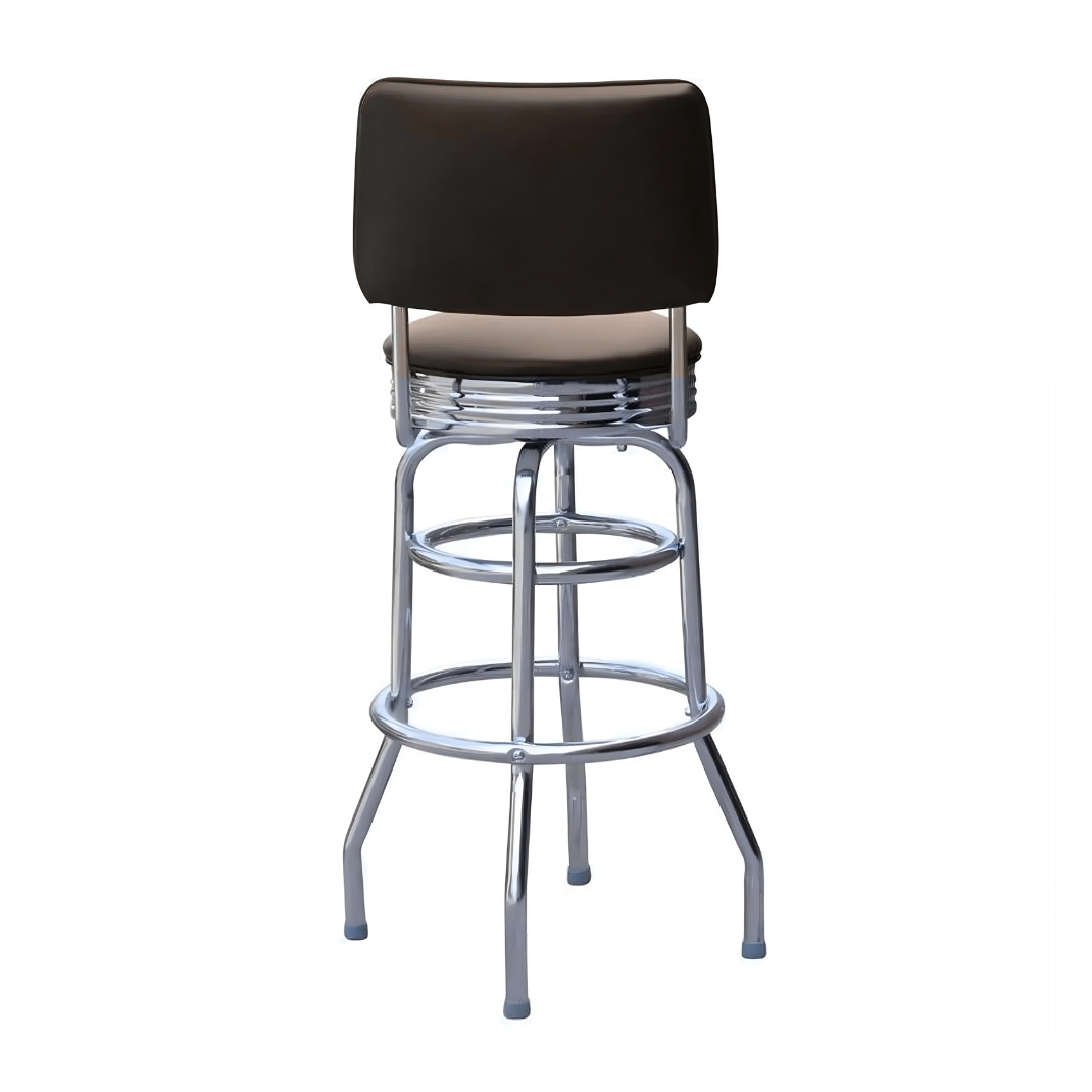 Back Belmont Double Ring Bar Stool by Social Design Supply Co: A vintage-inspired commercial bar stool with a padded backrest and chrome double-ring base for upscale hospitality seating