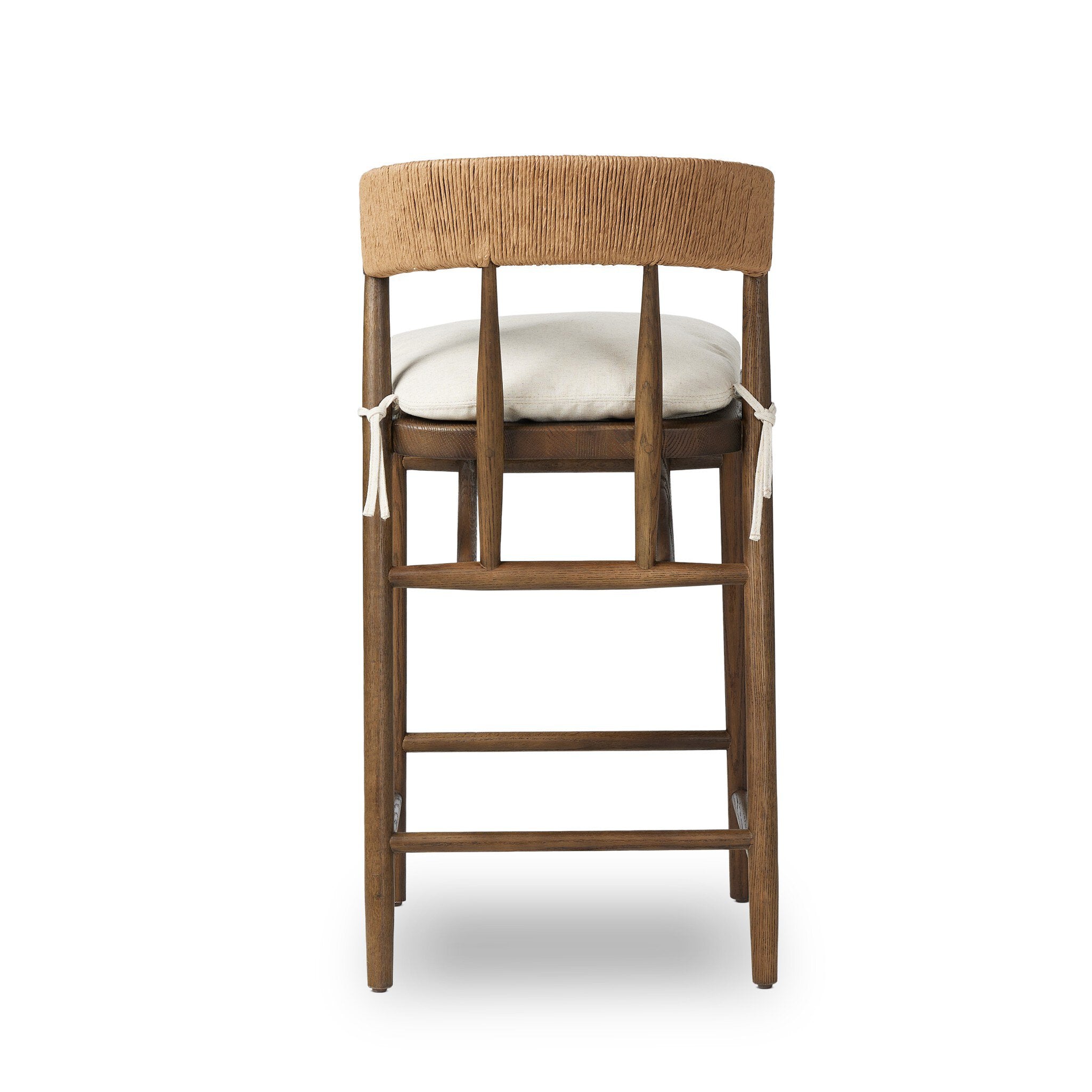 Back Buxton Bar Counter Stool in solid ash with a hand-wrapped paper rush backrest