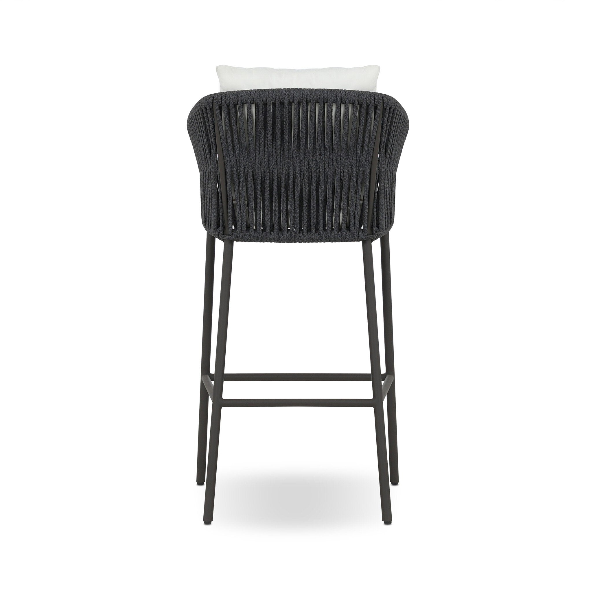 Back Contemporary coastal outdoor counter stool featuring handwoven grey rope and architectural metal base