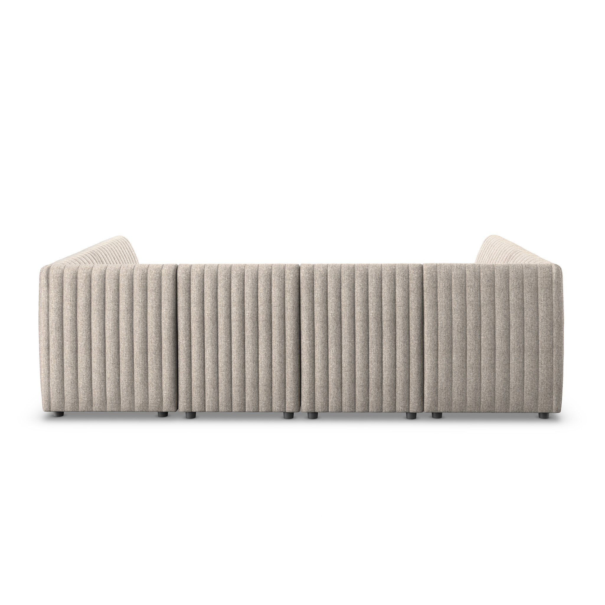 Back Detail Augustine 91.5-inch U-shape Dining Banquette in grey herringbone performance fabric with vertical channel tufting