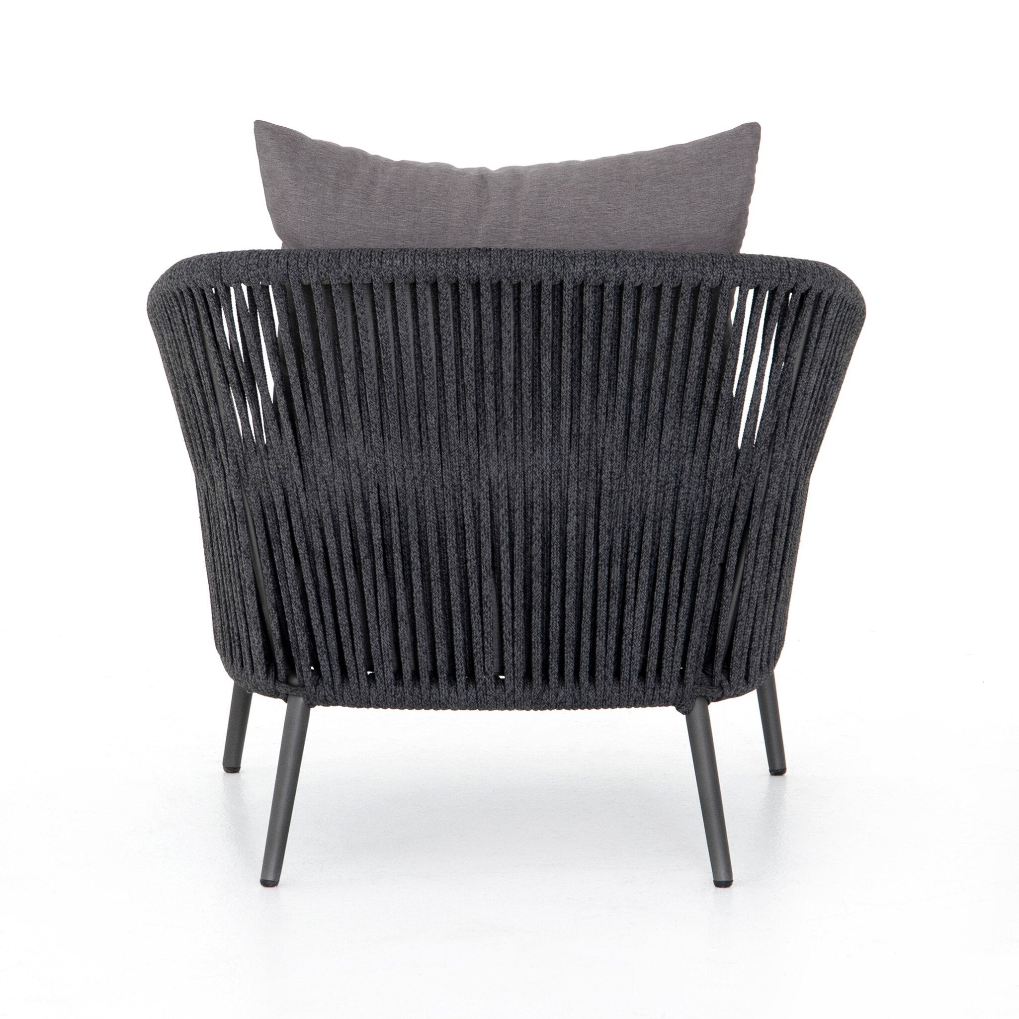 Back Grey Porto Outdoor Chair with a natural teak frame and weather-resistant grey rope-weave backrest