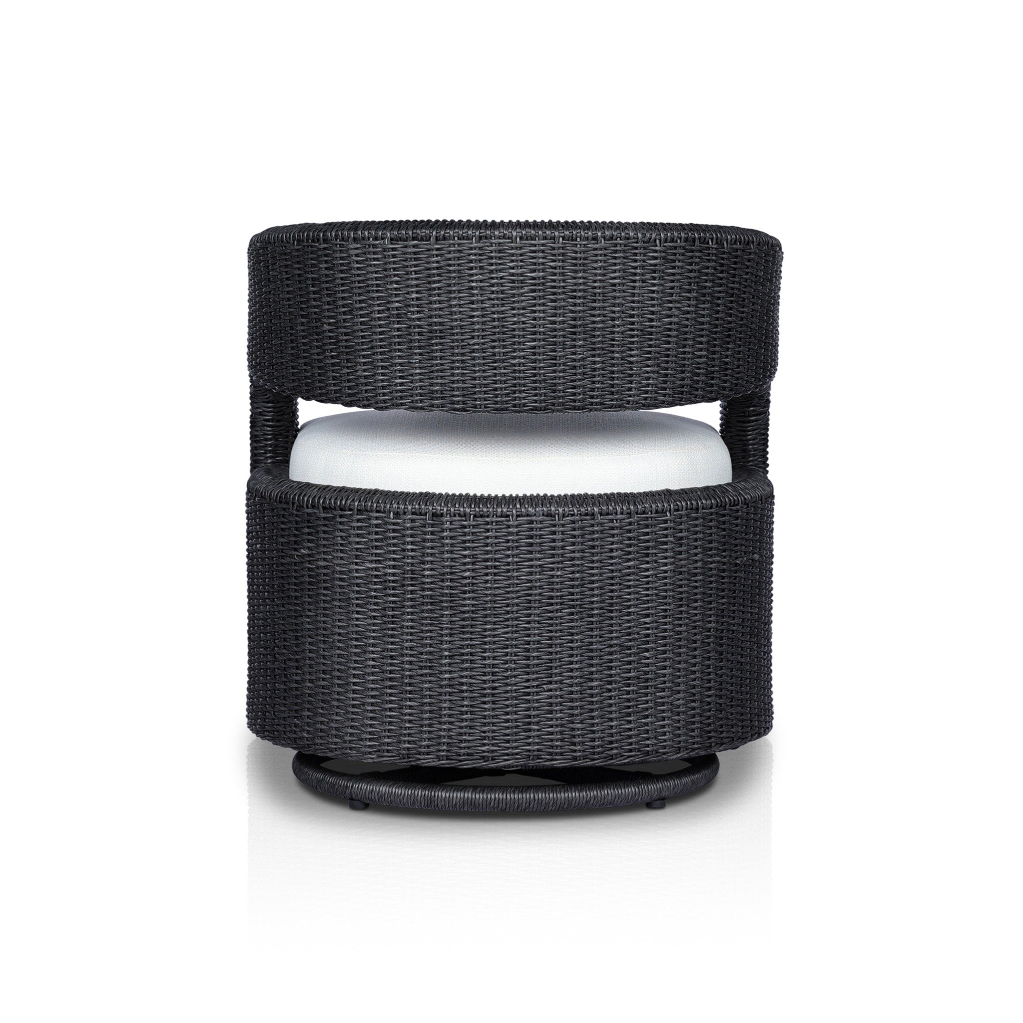 Back Hawkins Outdoor Swivel Chair in Faye Cream with a woven barrel-back and 360-degree base