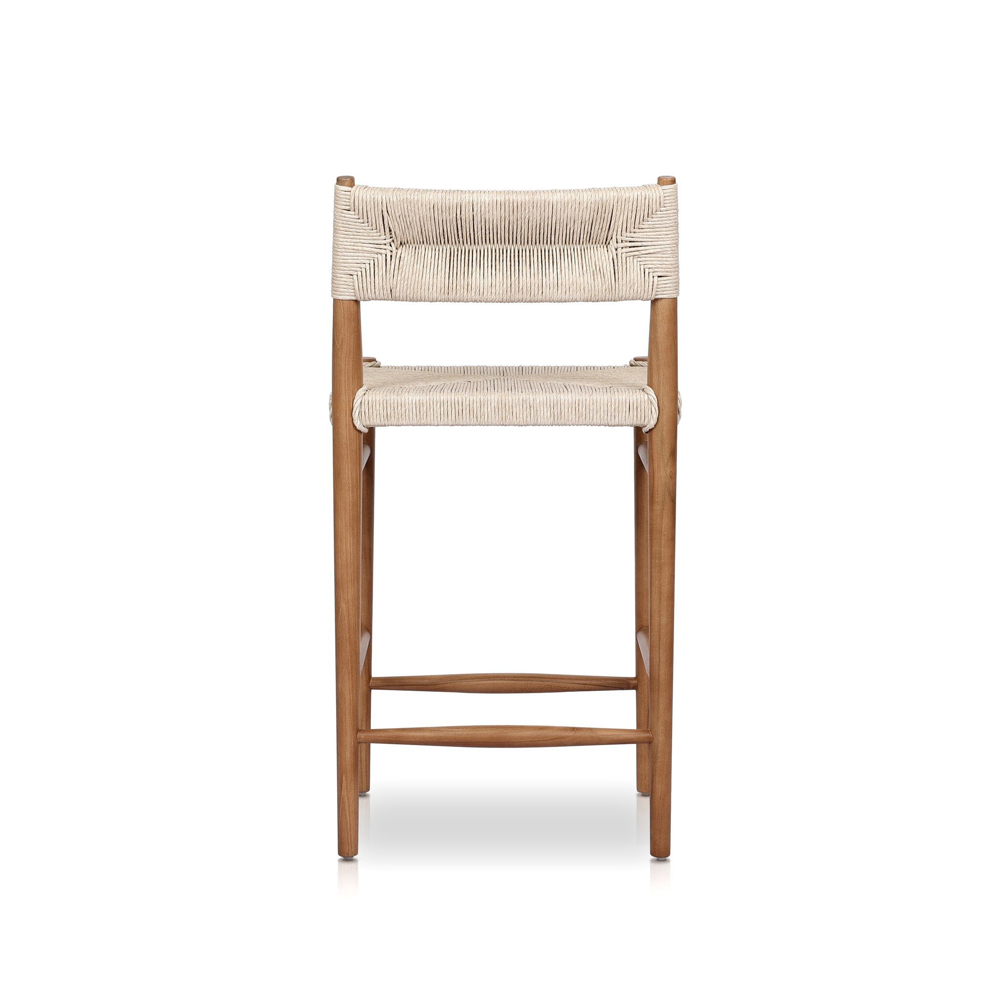 Outdoor bar counter stool with vintage white woven back and seat cushion on wood frame