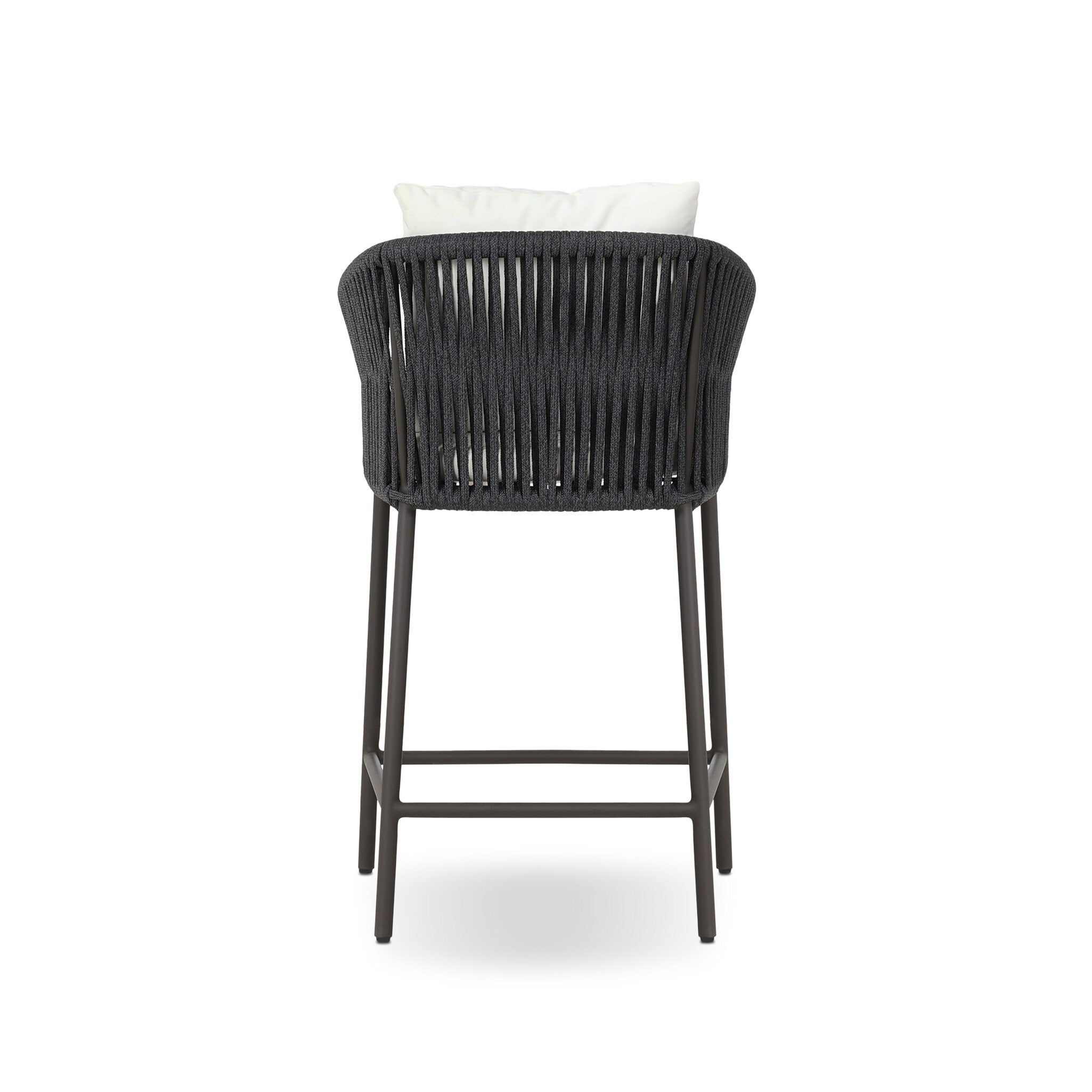 Back Modern Porto Outdoor Counter Stool with Charcoal Aluminum Frame and Dark Grey Woven Rope Barrel Back