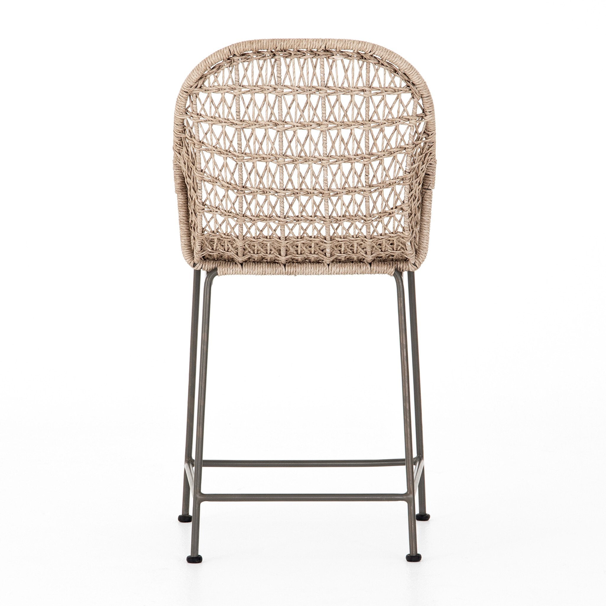 Back Modern low-armed outdoor bar stool with white wicker weaving and a bronze industrial frame for hospitality dining