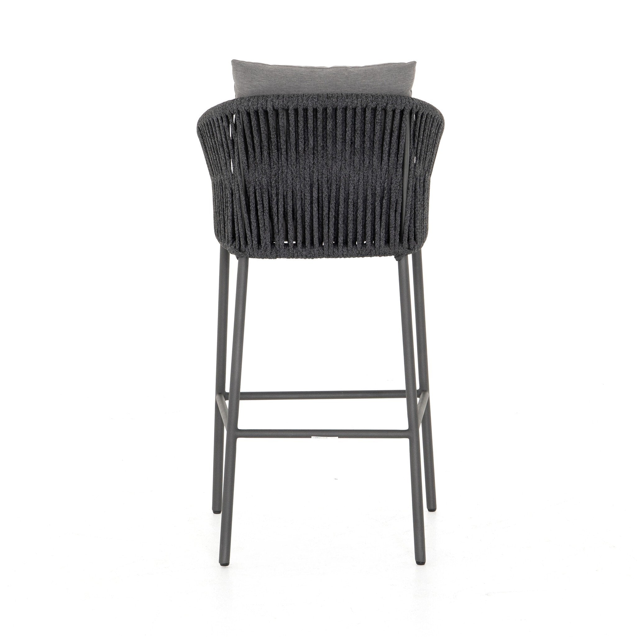 Back Porto Outdoor Bar Stool with a natural teak frame and weather-resistant grey rope-weave backrest