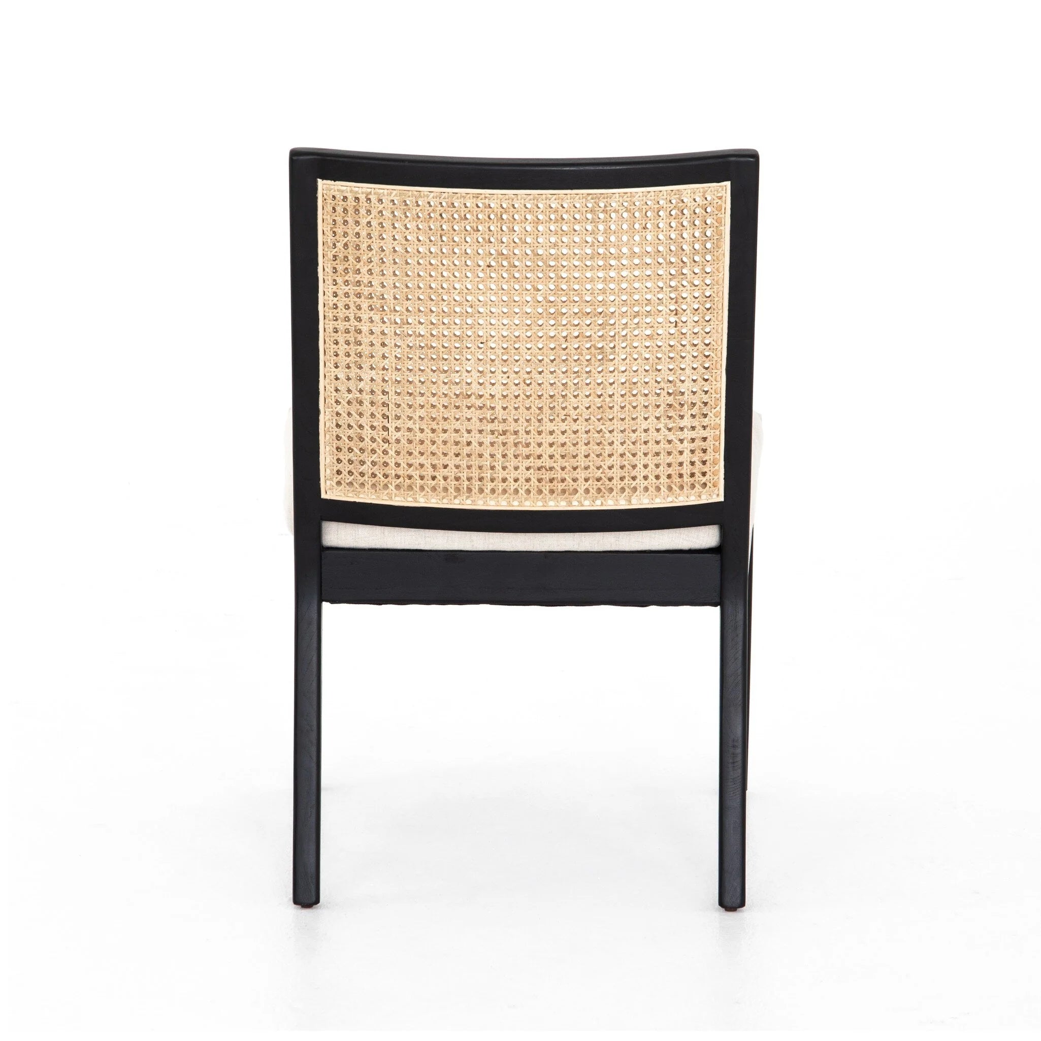 Back Primary Retro-modern armless dining chair with vertical cane weaving and contract-grade upholstery for upscale restaurants