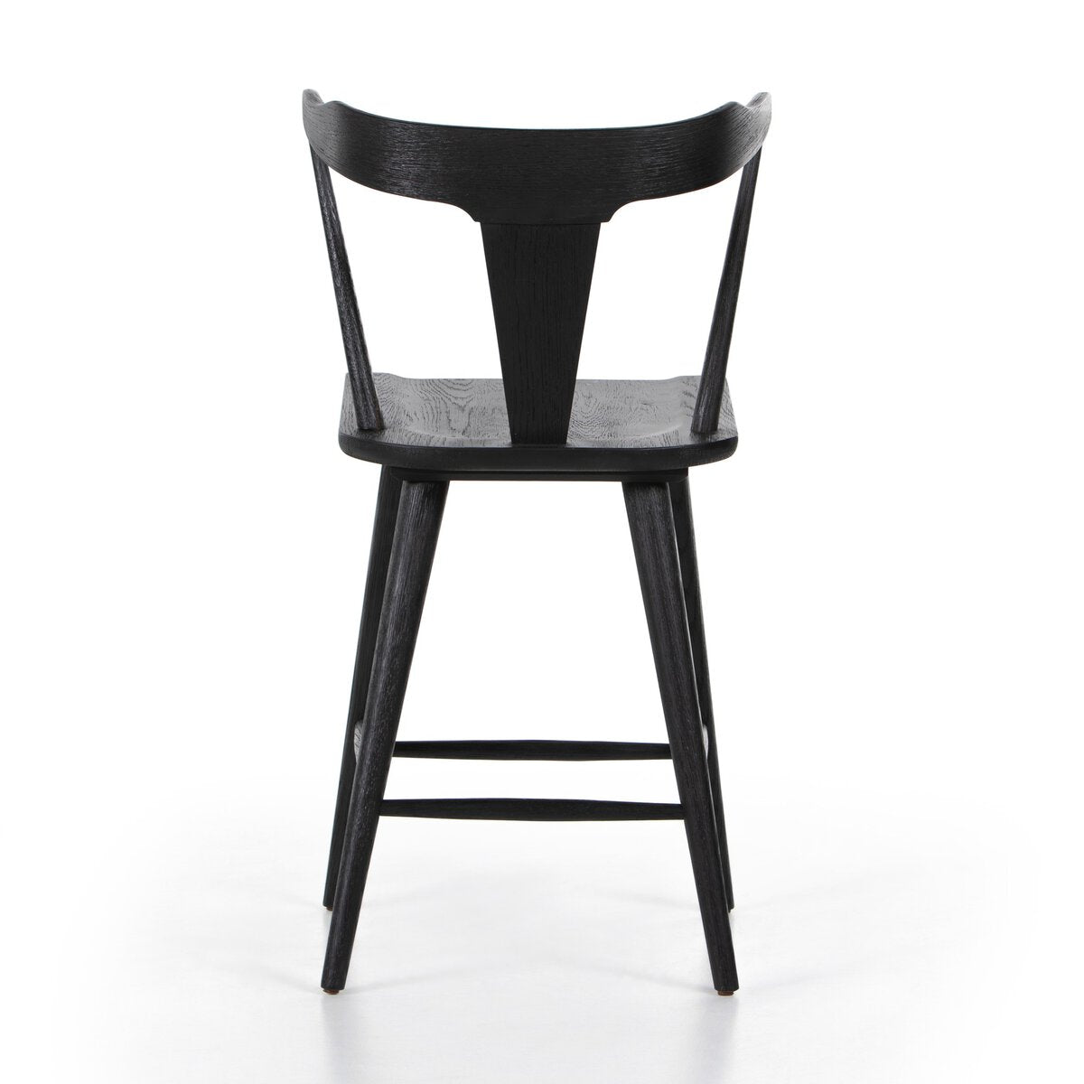Black oak counter stool with contoured backrest and round-edged seat, front view