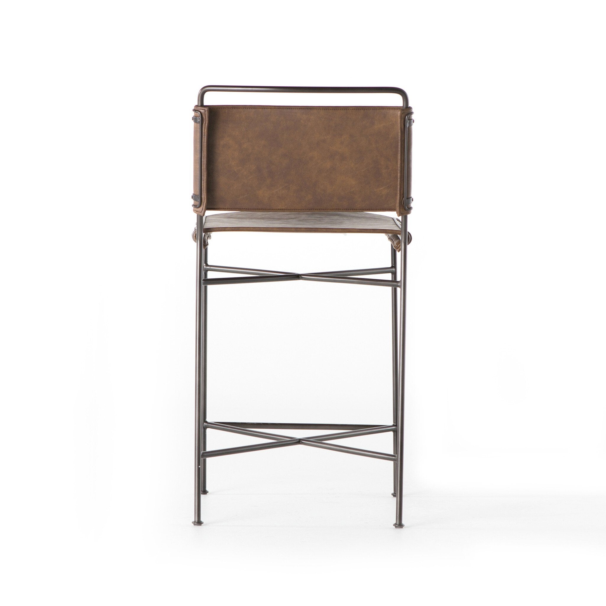 Back Wharton Counter Stool featuring Distressed Brown faux leather and industrial steel legs