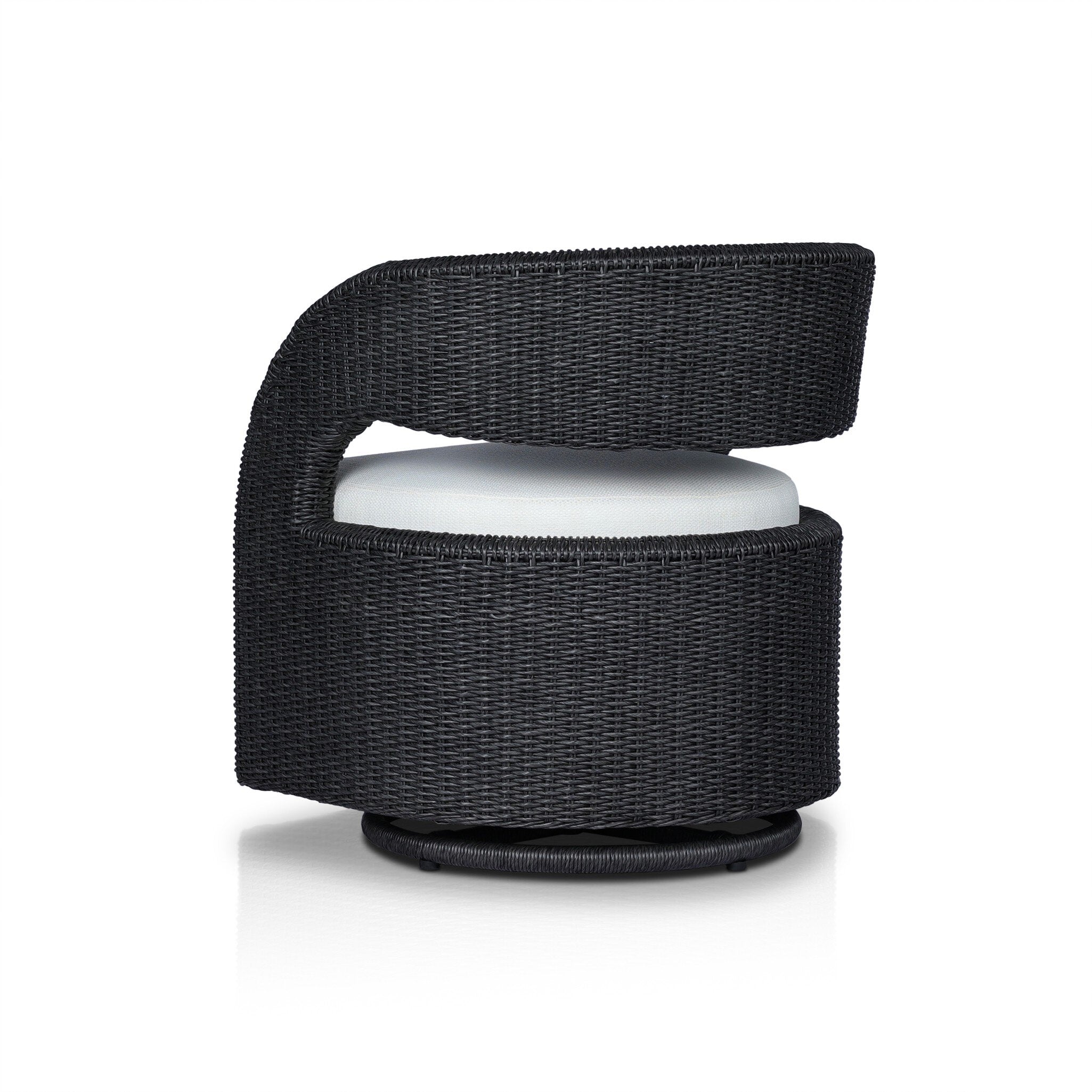 Back angle Hawkins Outdoor Swivel Chair in Faye Cream with a woven barrel-back and 360-degree base